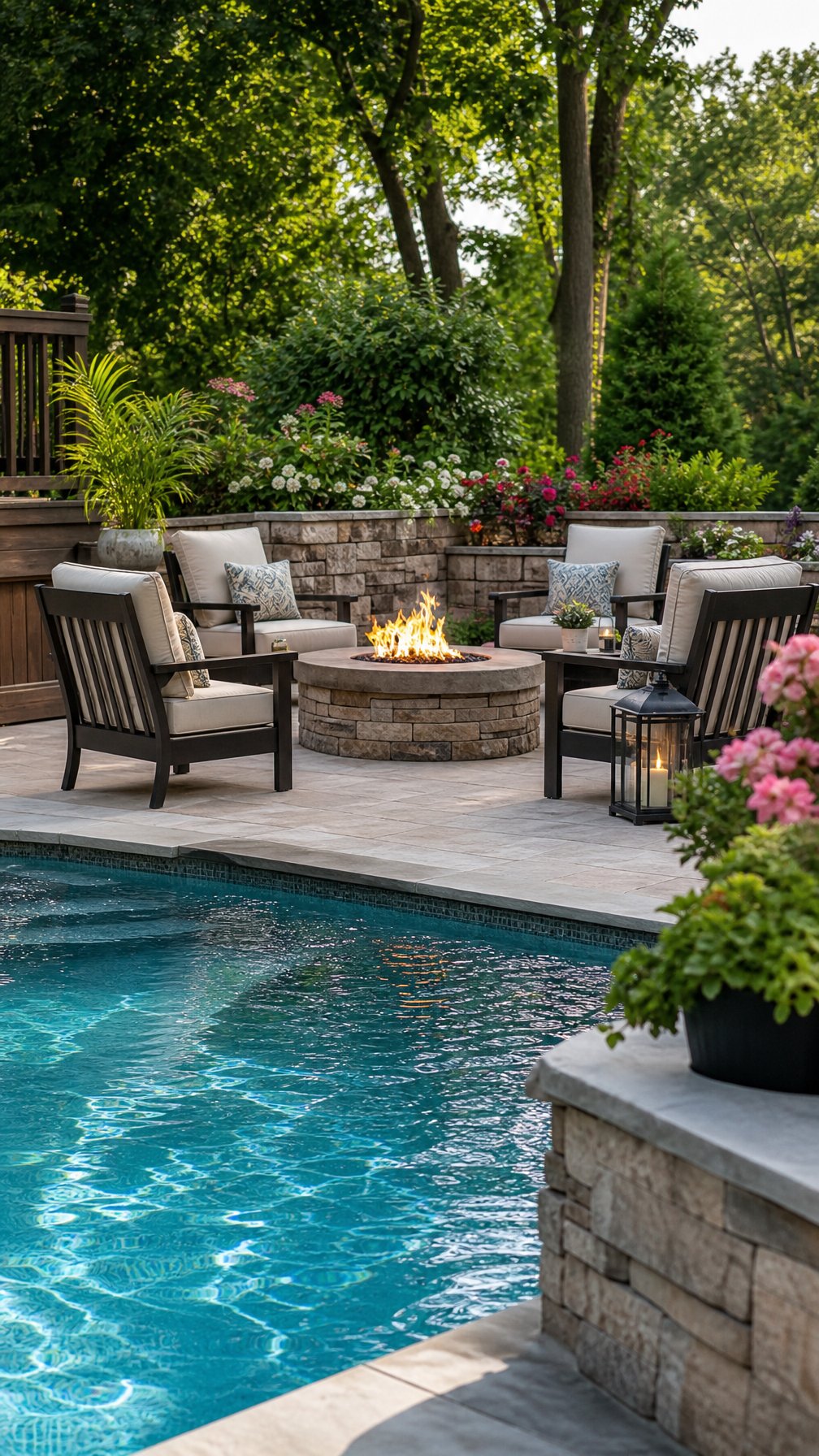 Outdoor pool area with a fire pit lounge set placed away from the pool's edge, surrounded by lounge chairs and greenery.