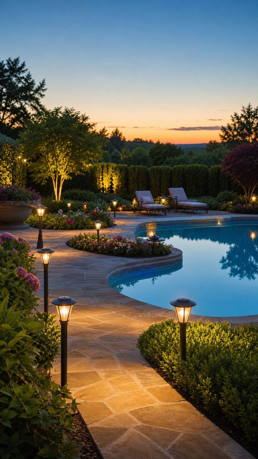 Outdoor pool area at dusk with solar path lights illuminating garden walkways surrounded by plants and outdoor furniture.