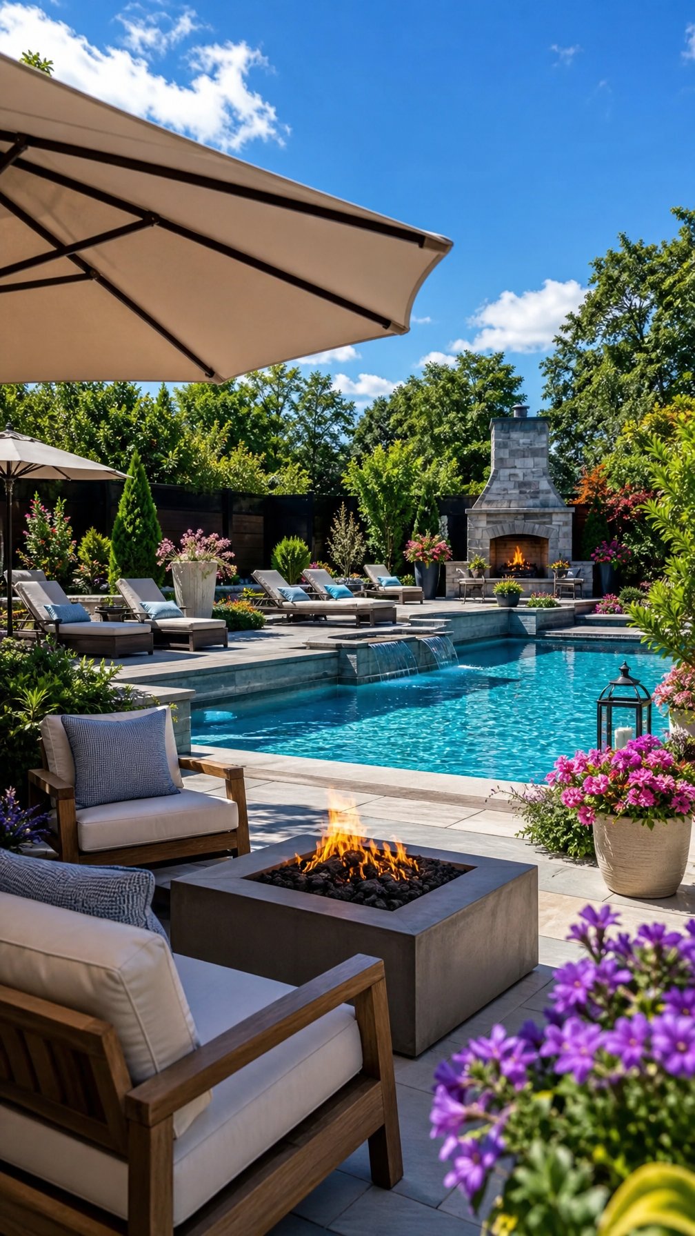 Outdoor pool area with clear water, lounge chairs, umbrellas, green plants, and comfortable seating in a sunny backyard.