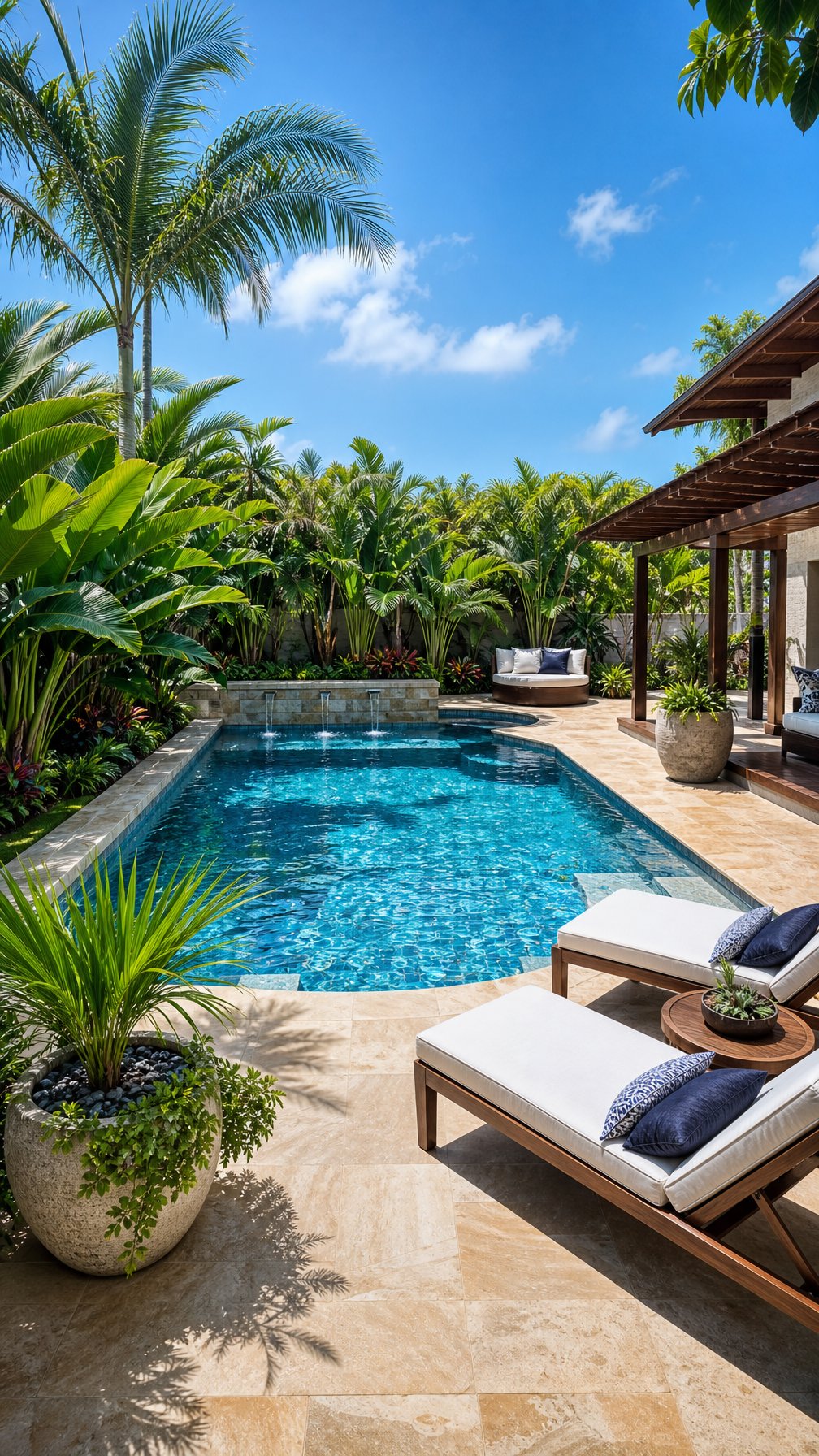 Outdoor swimming pool surrounded by stone decking, wooden accents, and lush green tropical plants with lounge chairs nearby under clear blue skies.