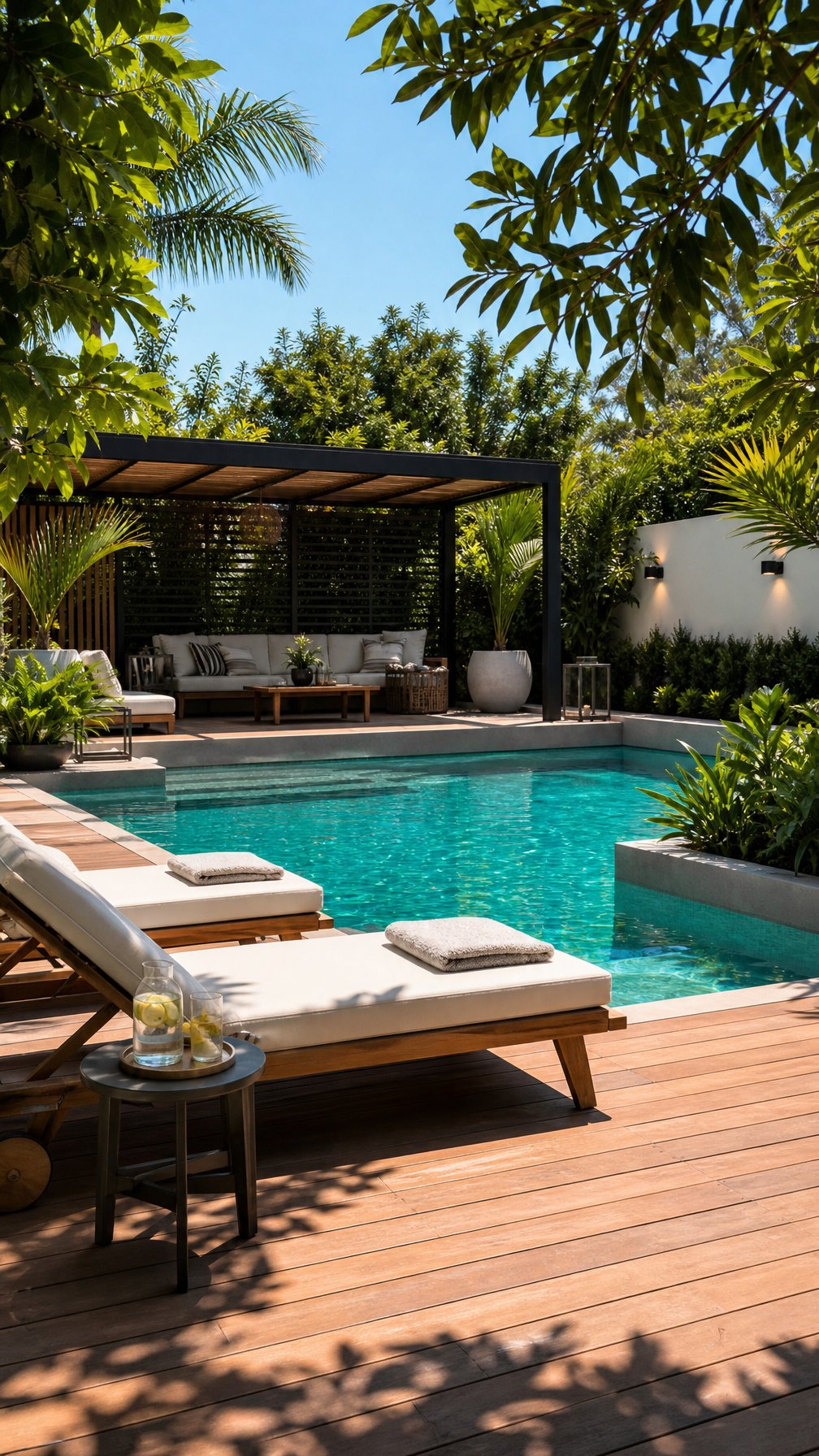 An outdoor swimming pool area with lounge chairs, wooden decking, green plants, and a shaded seating area under a pergola.