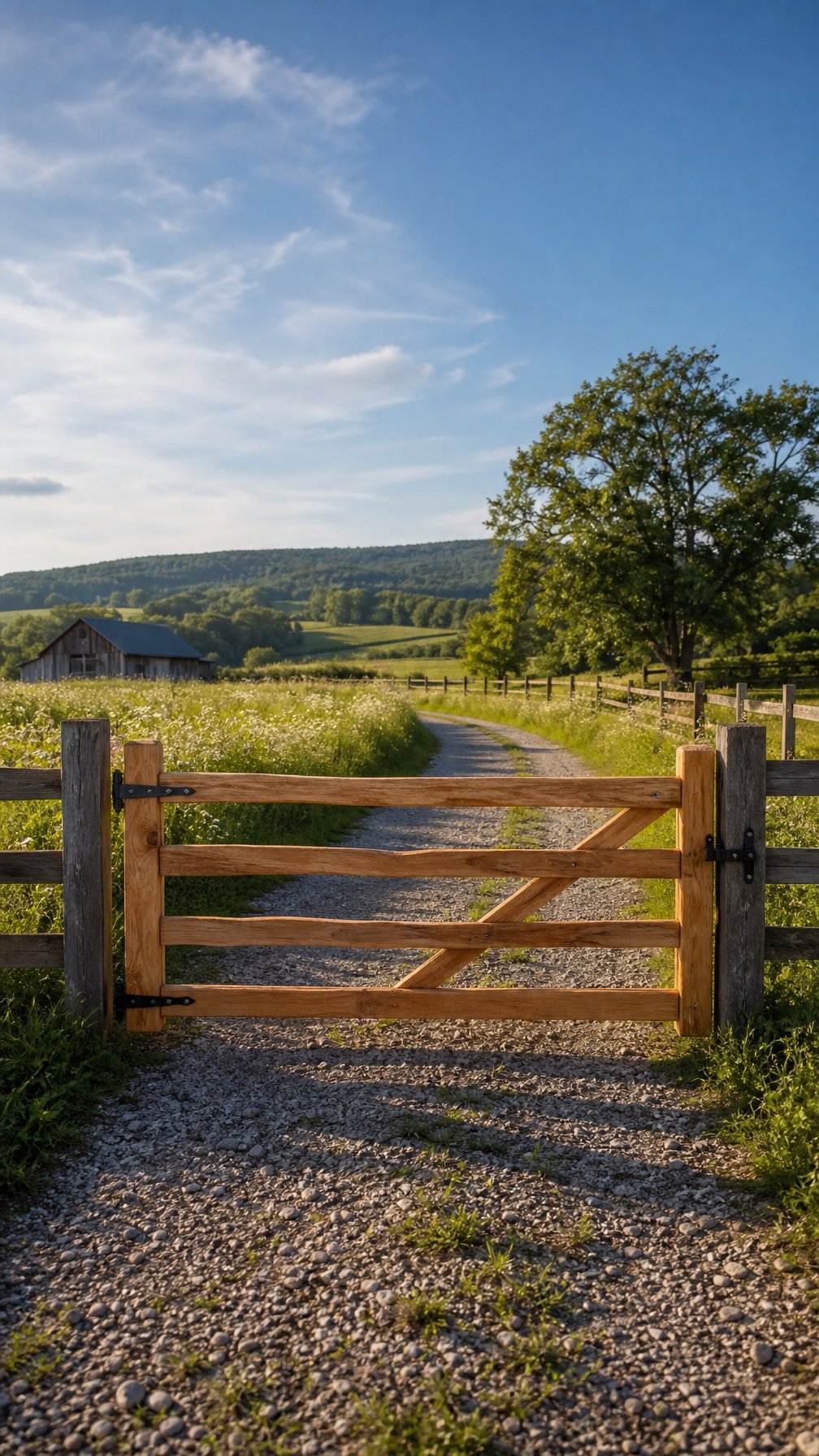 A cedar split-rail driveway gate at the entrance of a gravel driveway with grass, wildflowers, hills, and a wooden fence under a clear sky.