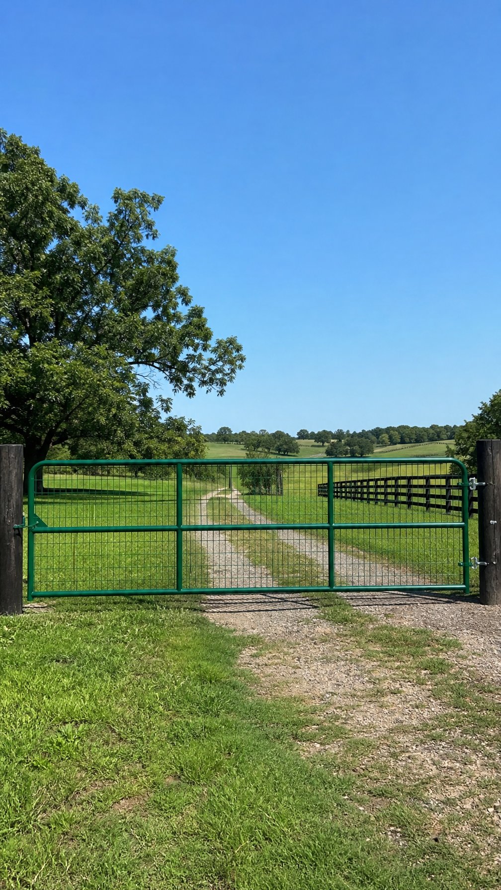A green wire-filled farm gate installed at the entrance of a rural farm with fields and trees in the background.