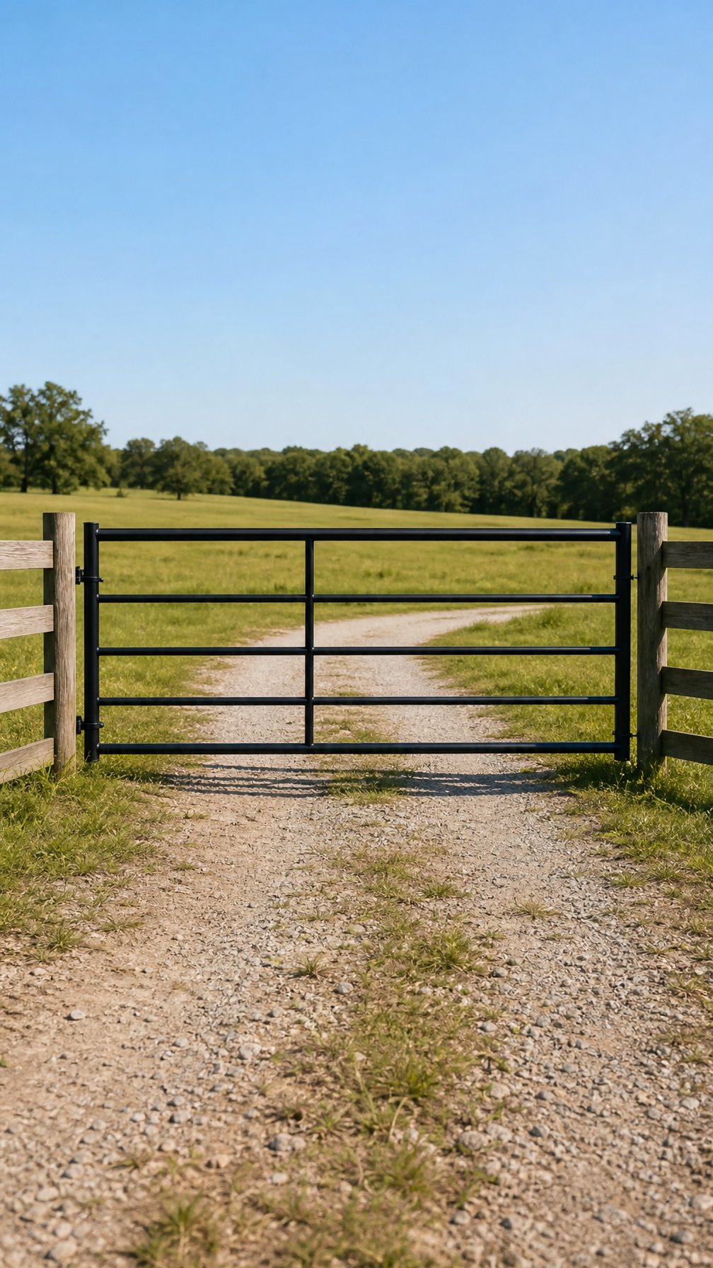 A black steel tube farm gate at the entrance of a rural farm pathway with green grass and open fields in the background.