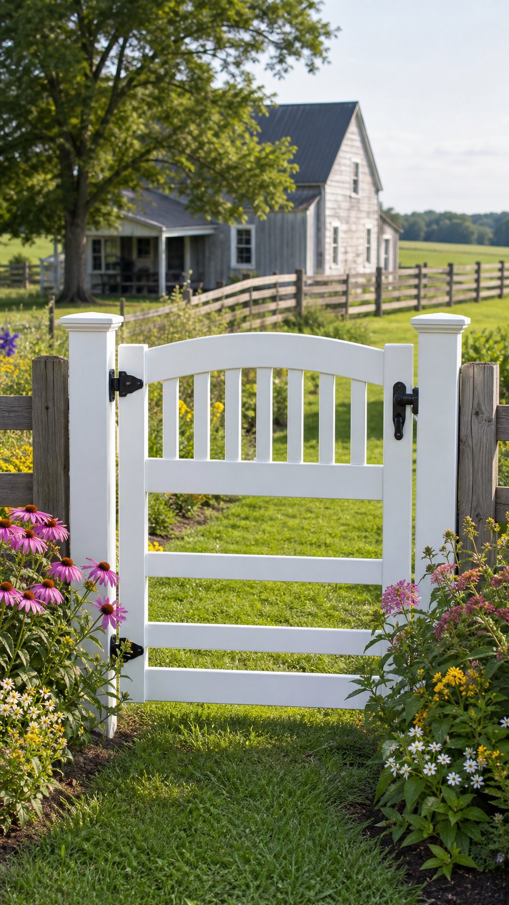 White vinyl garden gate at the entrance to a green garden with flowers and a farmhouse in the background.