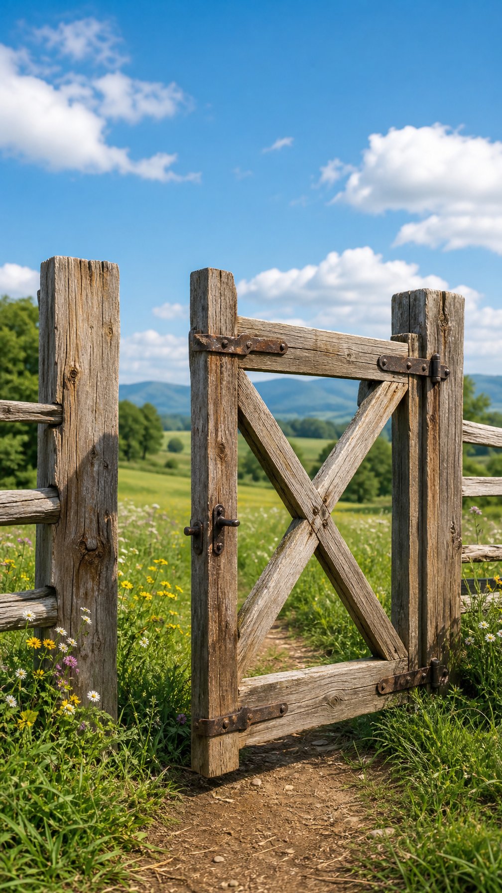 A rustic wooden farm gate with an X-frame design set in a green rural landscape under a clear sky.