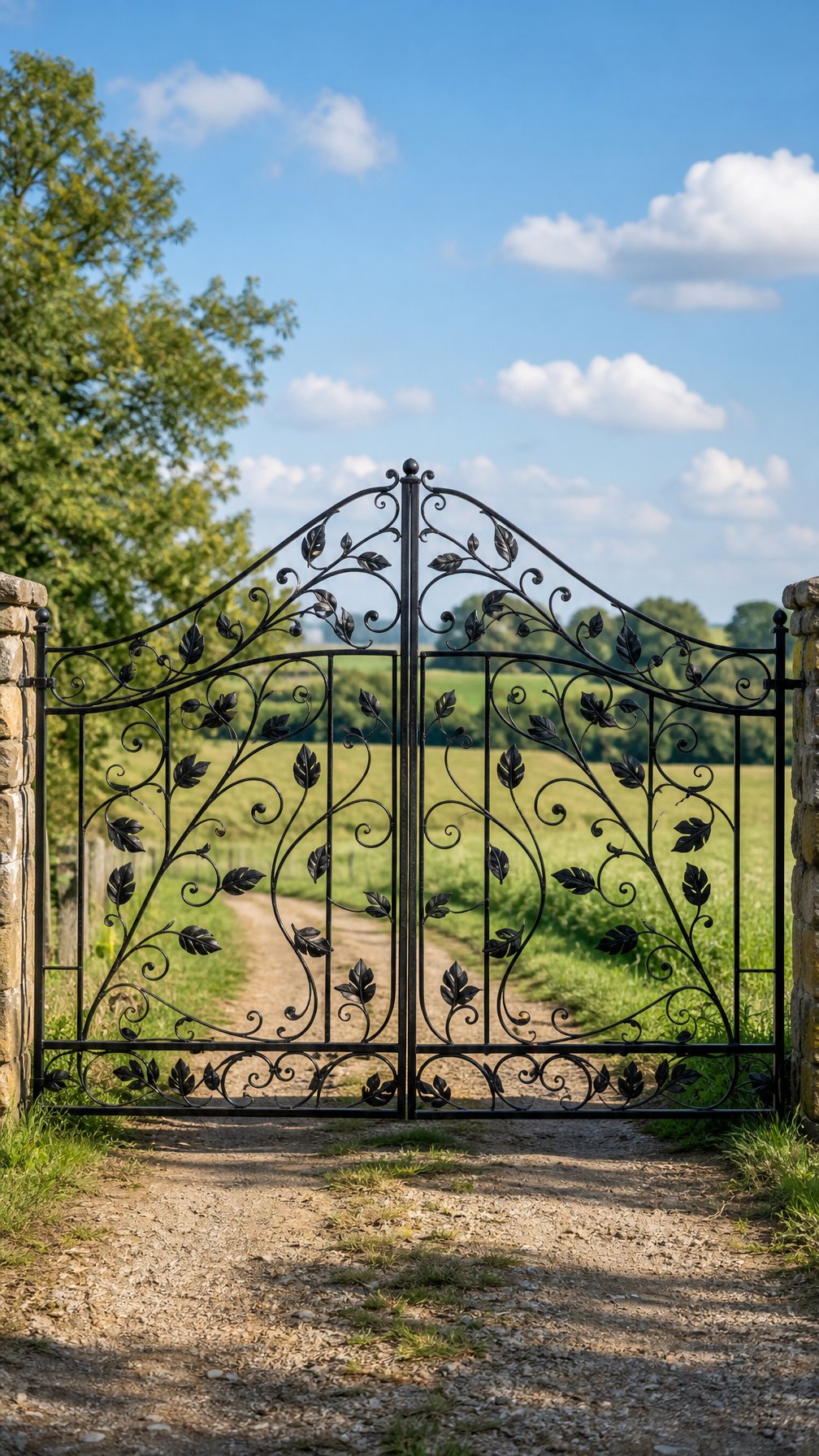 A wrought iron farm gate with leaf scrollwork set in a rural landscape with green fields and a dirt path.