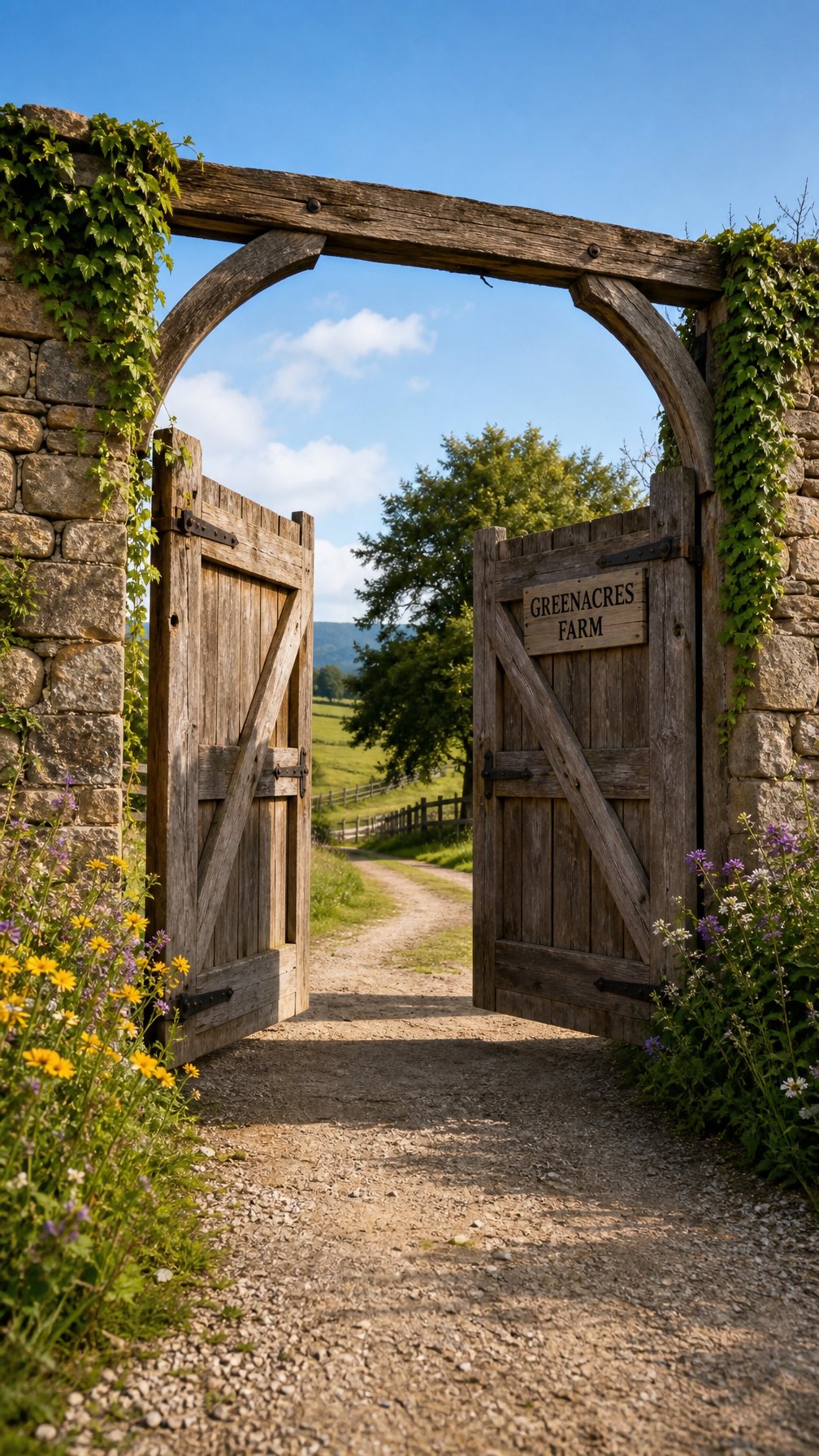 Stone pillar entrance with a wooden farm gate partially open, leading to a green farm pathway.