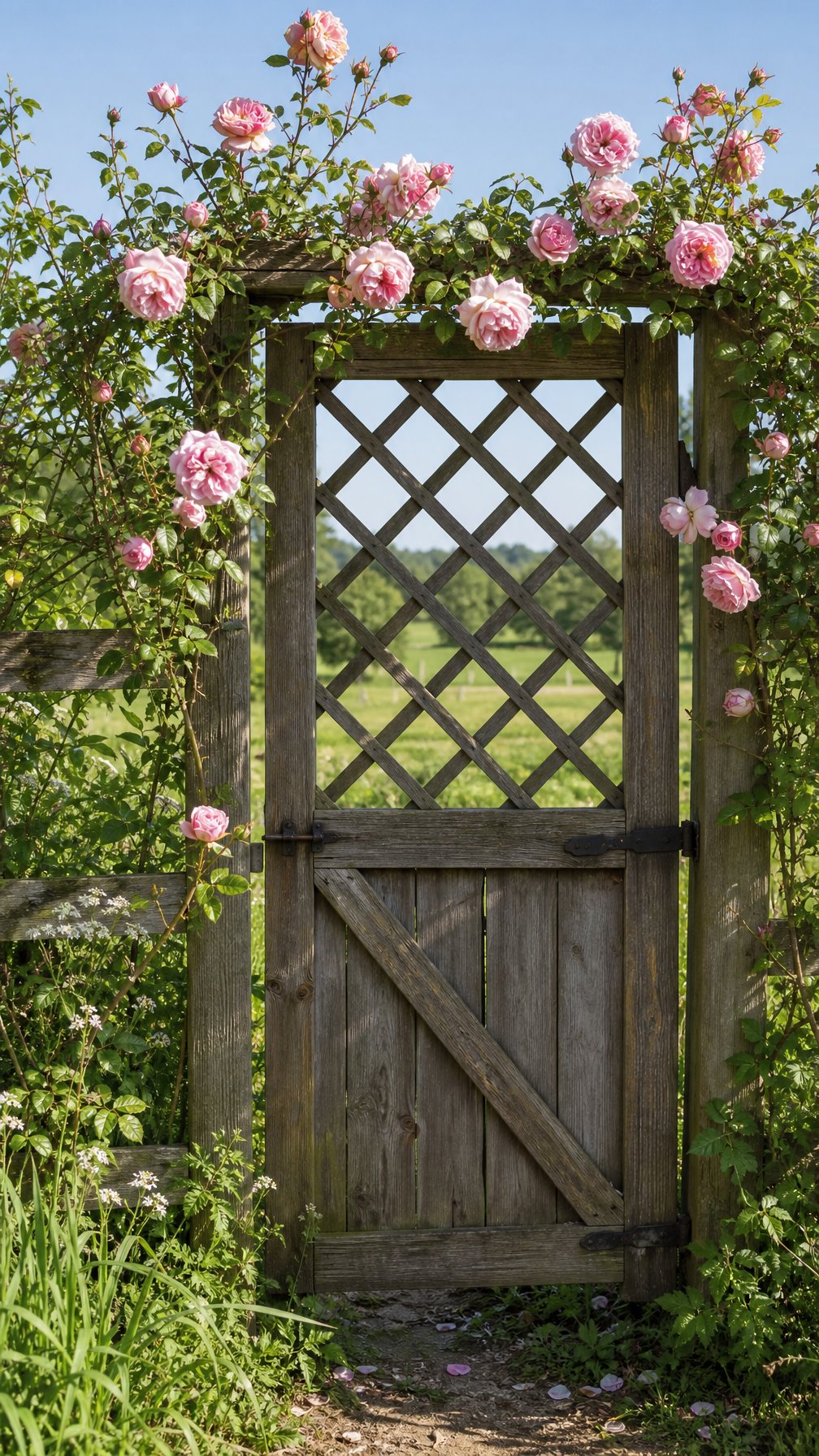 A wooden farm gate with a trellis top covered in climbing roses in a rural outdoor setting.
