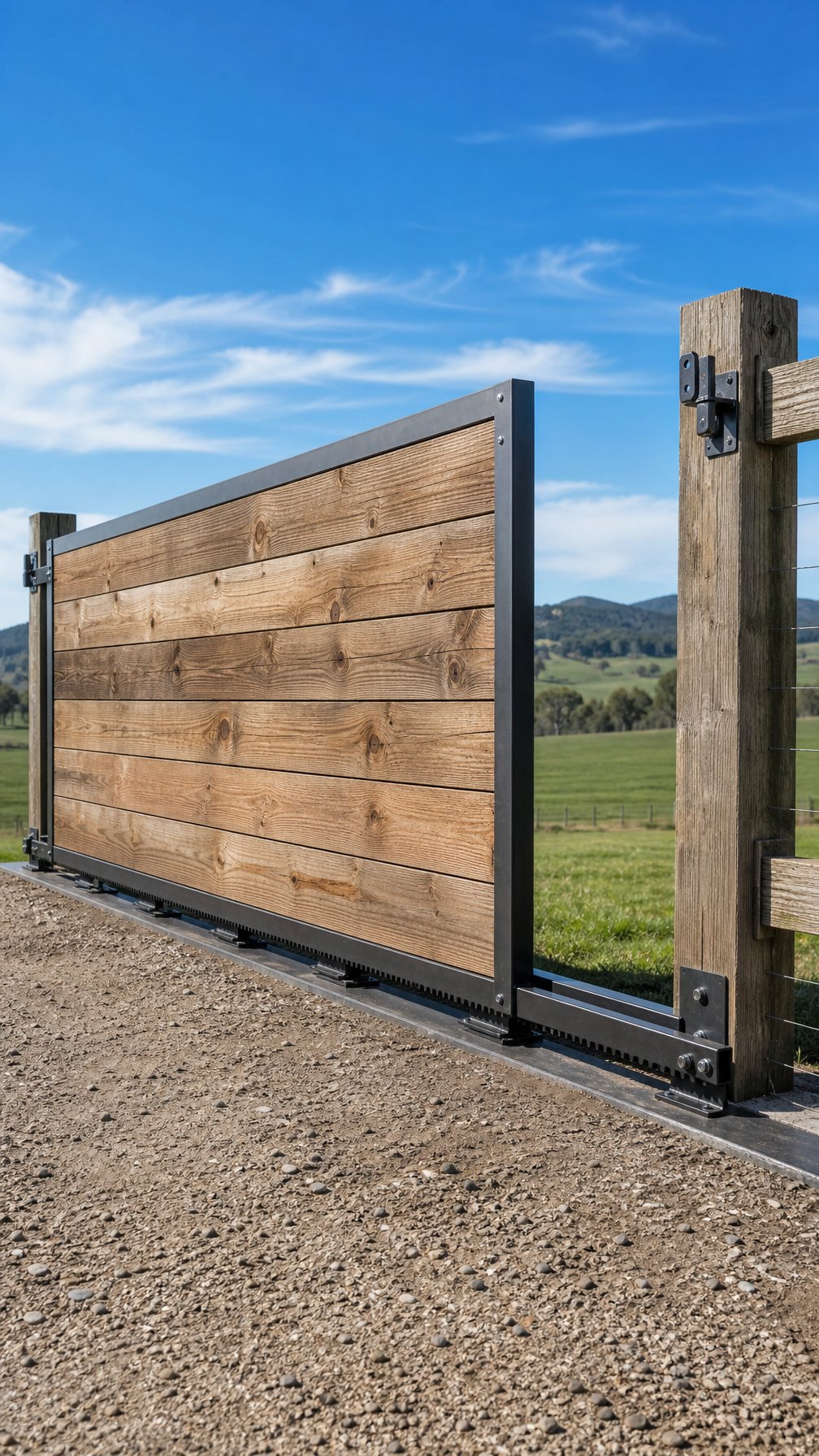 A wooden barn-style sliding gate on a steel track with green fields and a clear sky in the background.