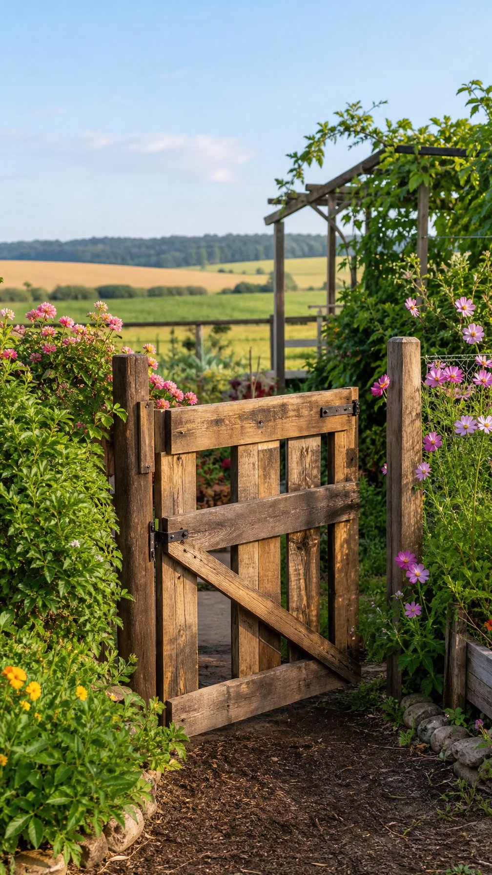 A wooden garden entry gate made from pallet wood surrounded by green plants and flowers with a farm field in the background.