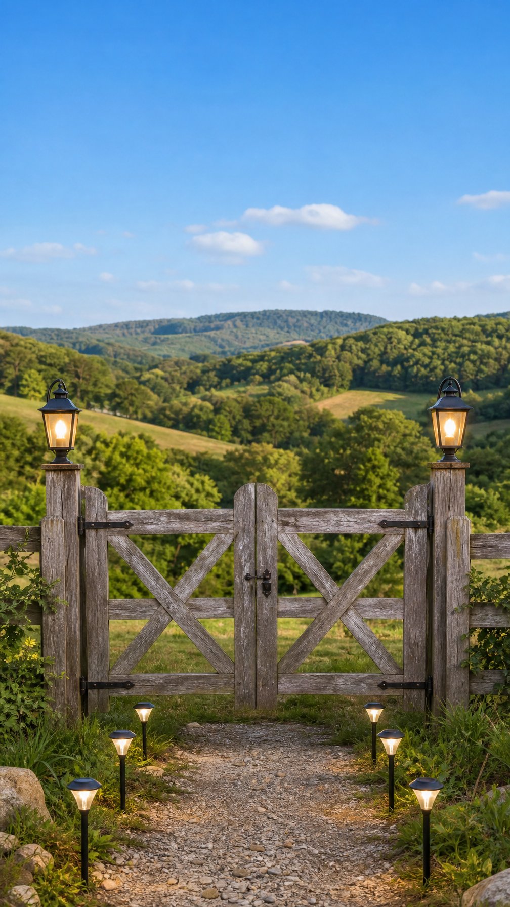 A rustic wooden farm gate with solar pathway lights and lantern posts on either side, set in a green countryside landscape under a clear sky.