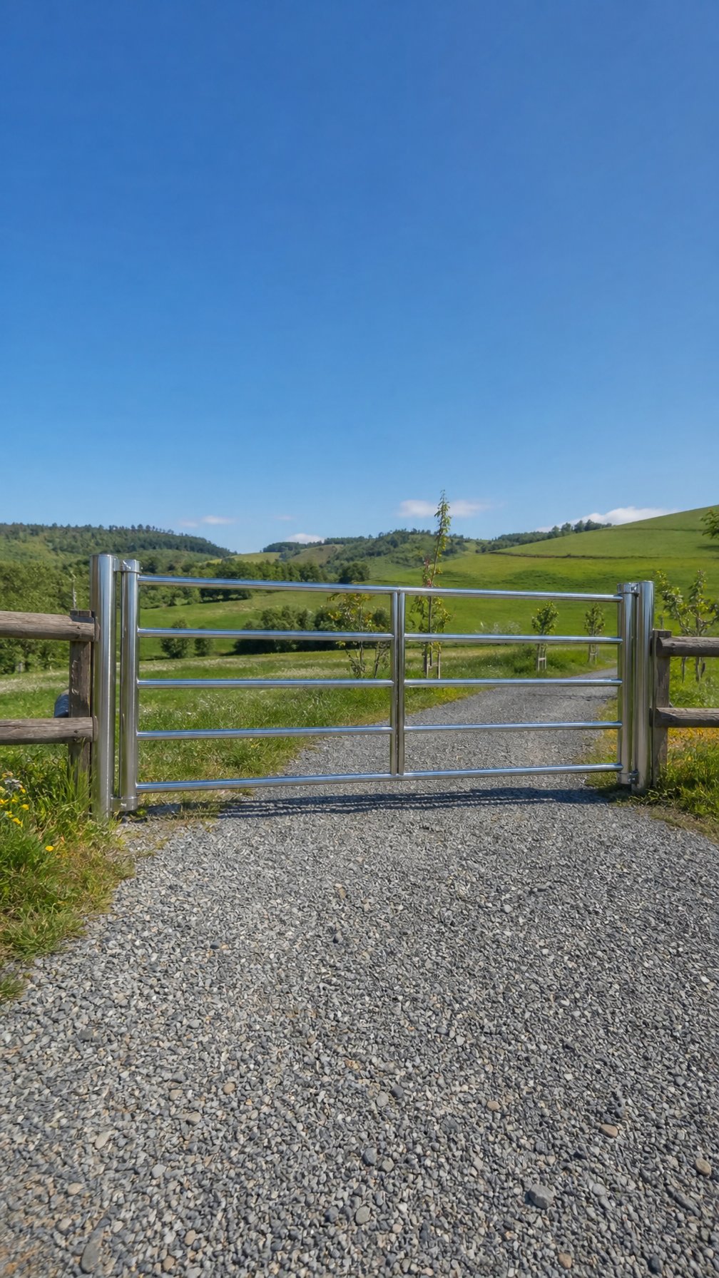 A stainless steel front yard gate with a gravel driveway, green grass, and farmland hills in the background.
