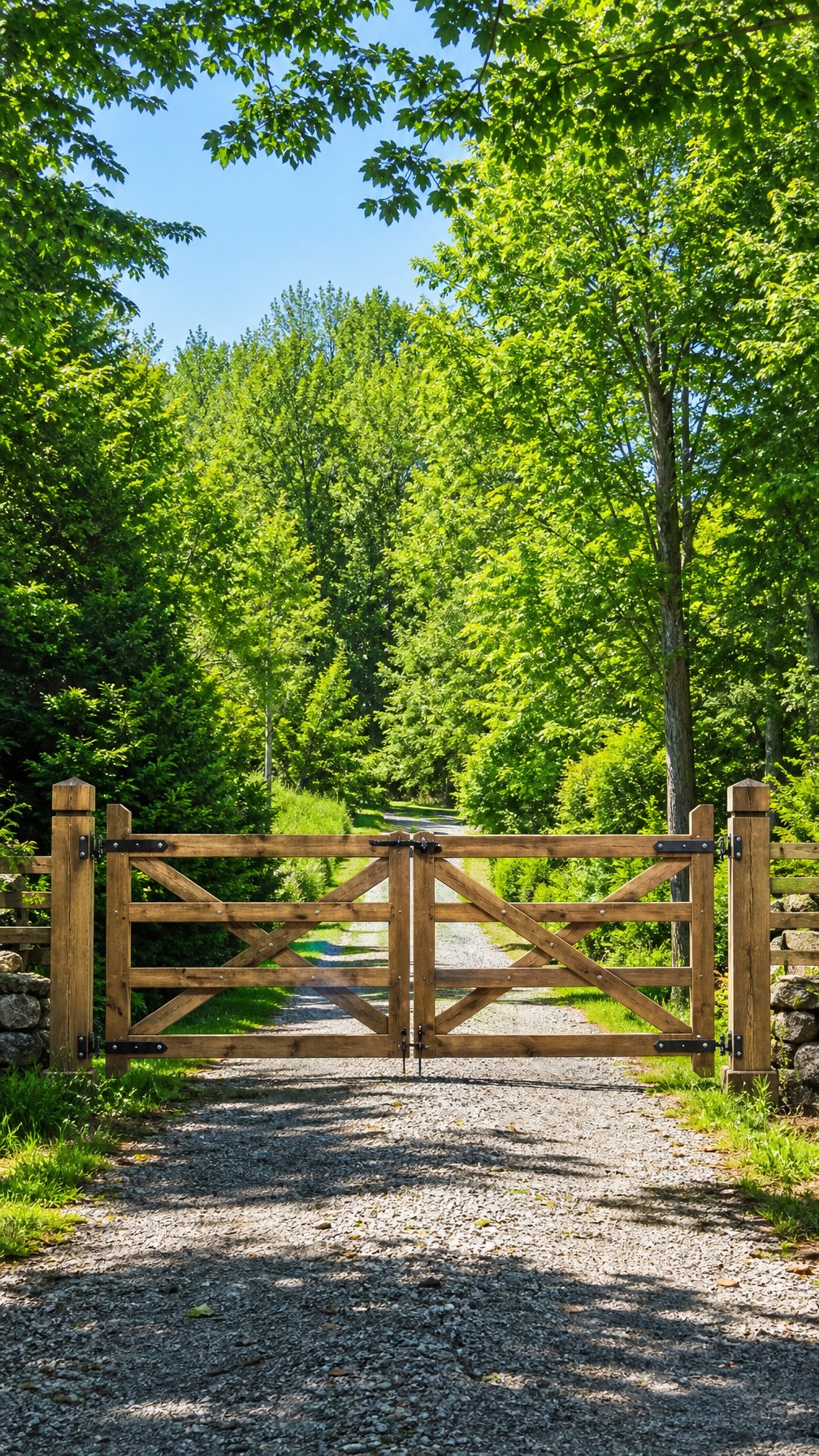 A wooden gate at the entrance of a driveway surrounded by trees and greenery.