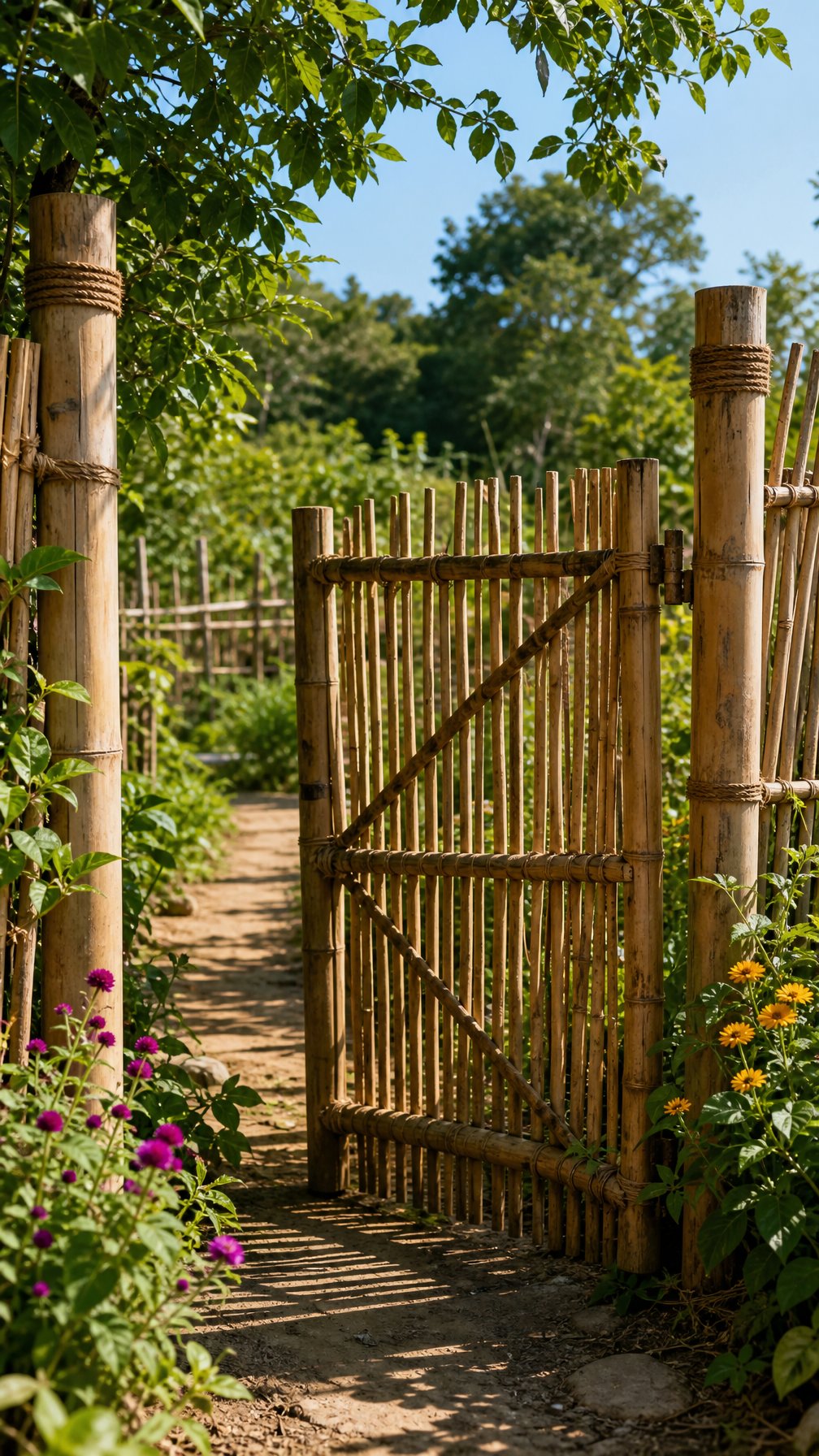 A bamboo garden gate surrounded by green plants and a dirt path in a farm setting.