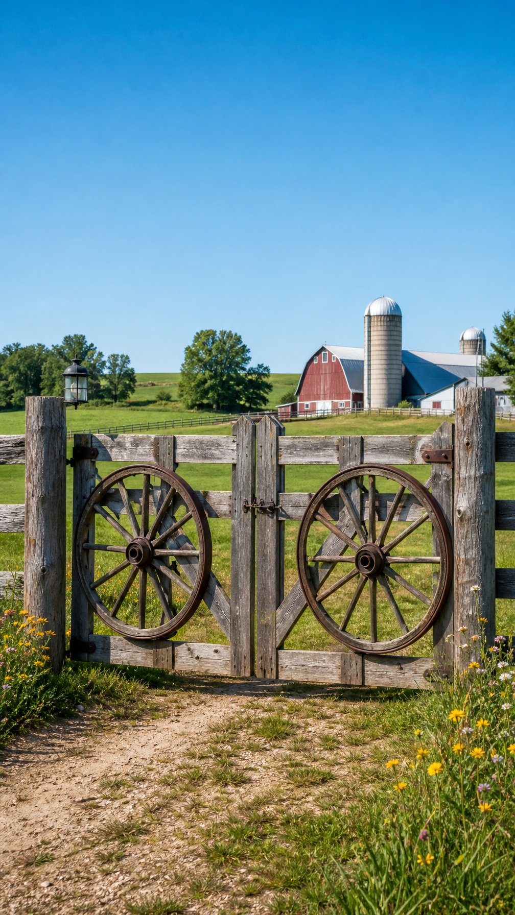 A rustic farm gate with vintage wagon wheels set in a green rural landscape under a clear sky.
