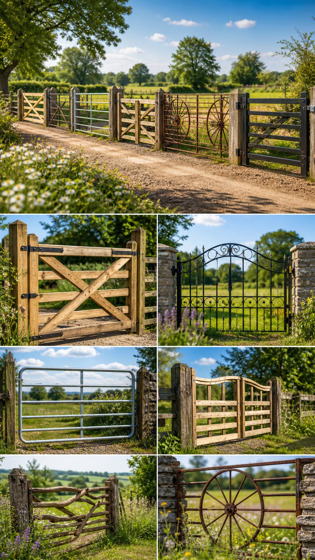 A variety of farm gates displayed along a rural dirt path surrounded by green fields and trees under a clear sky.