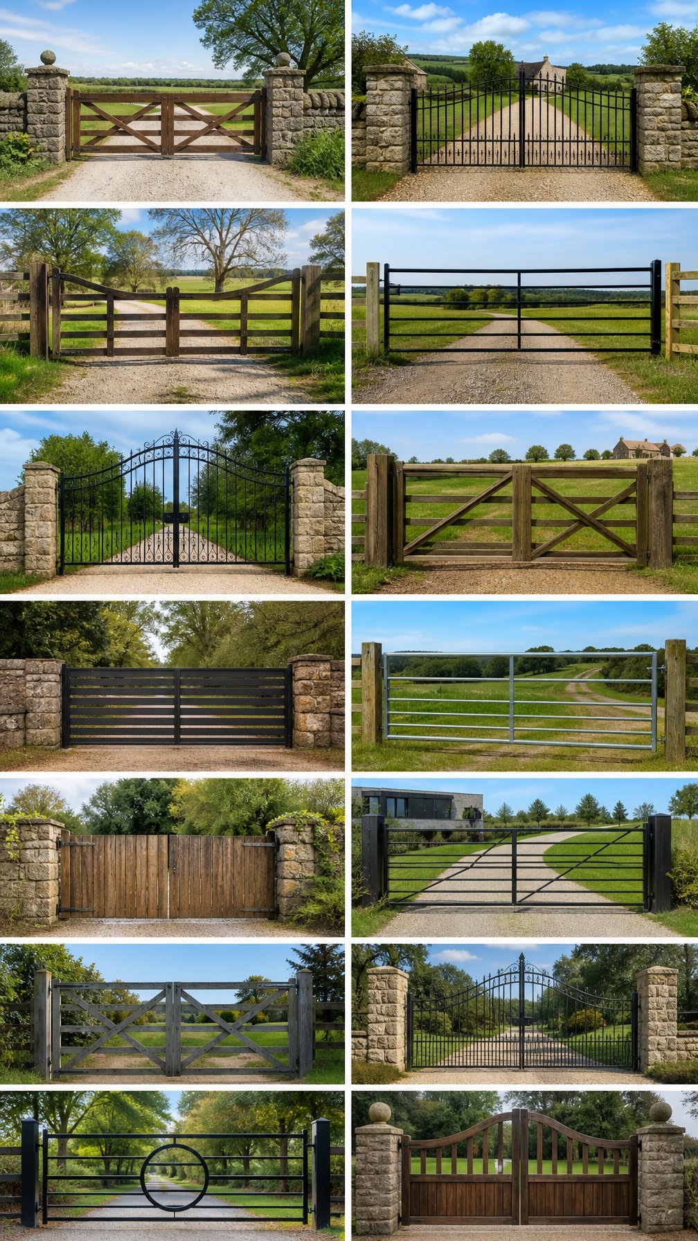 A collection of fourteen different farm gates displayed outdoors in a rural farm setting with fields and farmhouses in the background.
