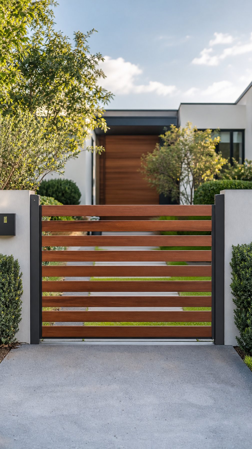 A modern horizontal wood slat gate at the entrance of a house with a driveway and garden.