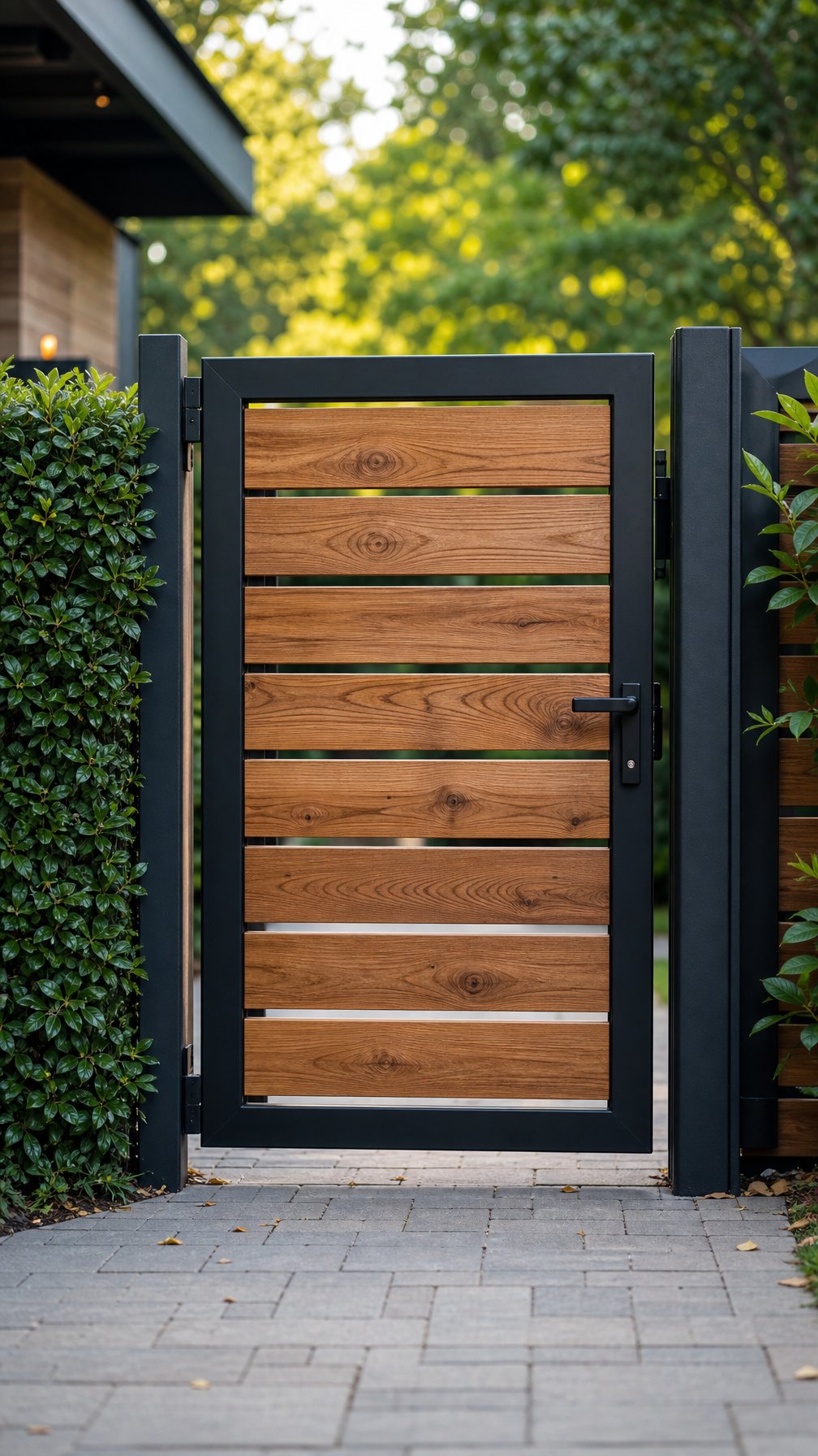 A fence gate made of wood slats within a black metal frame at the entrance of a garden.