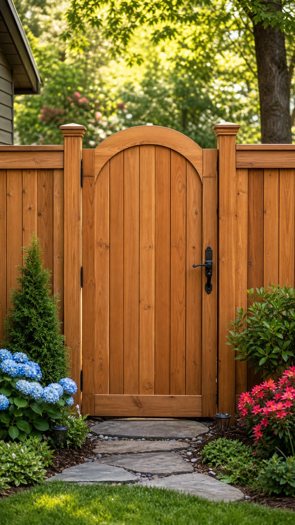 An arched cedar wood privacy fence gate surrounded by green grass and plants in a garden setting.