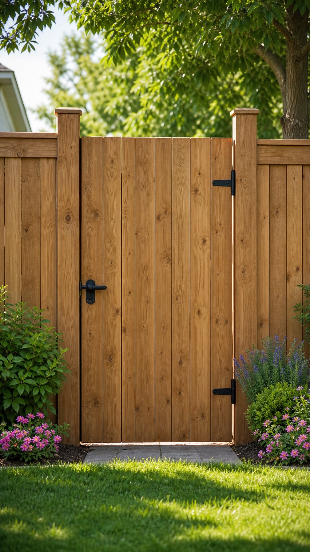 A wooden vertical board gate with full privacy panels set within a wooden fence in a garden.