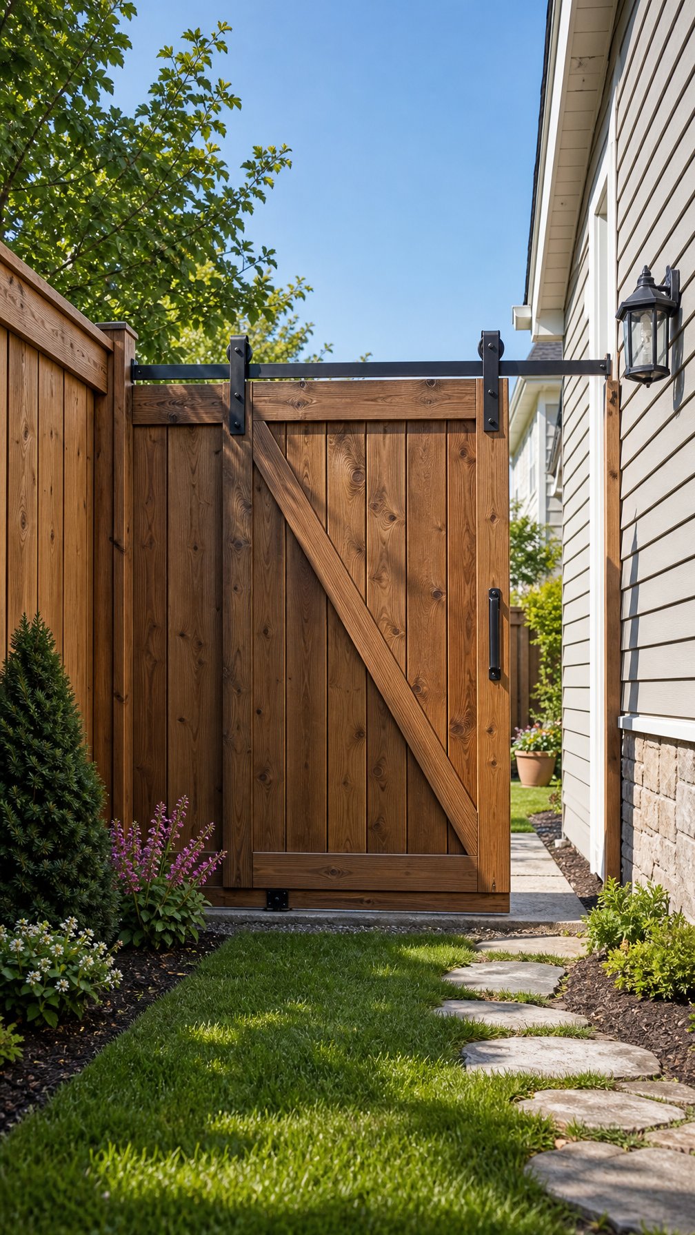 A wooden sliding gate installed along the side yard of a house with plants and grass nearby.