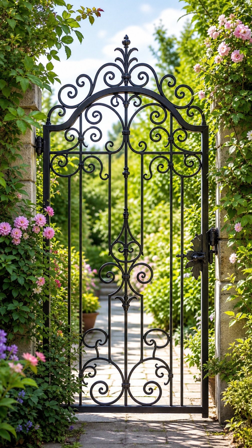 A wrought iron garden gate with decorative scrollwork surrounded by green plants and flowers.