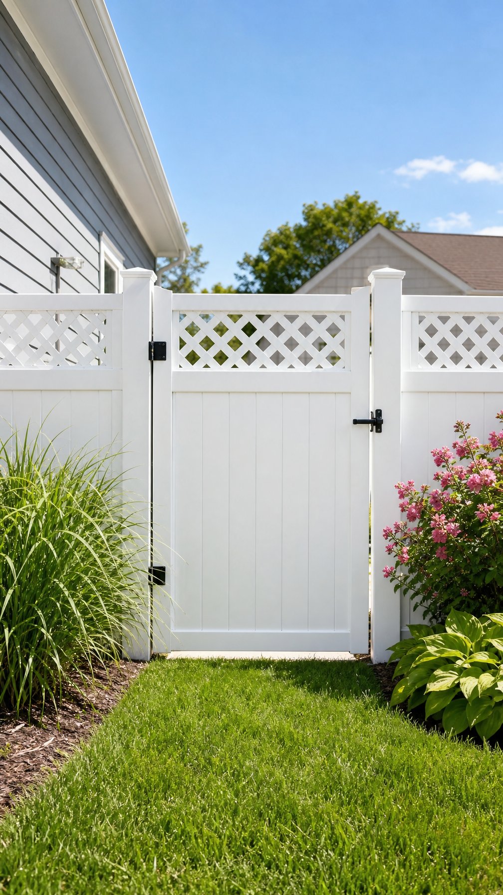 White vinyl privacy gate with lattice top in a backyard fence surrounded by grass and garden plants.