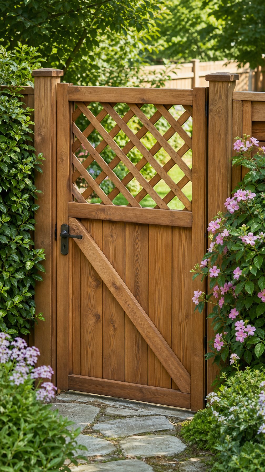 A wooden fence gate with a Z-frame design and lattice accent in a garden setting surrounded by green plants.