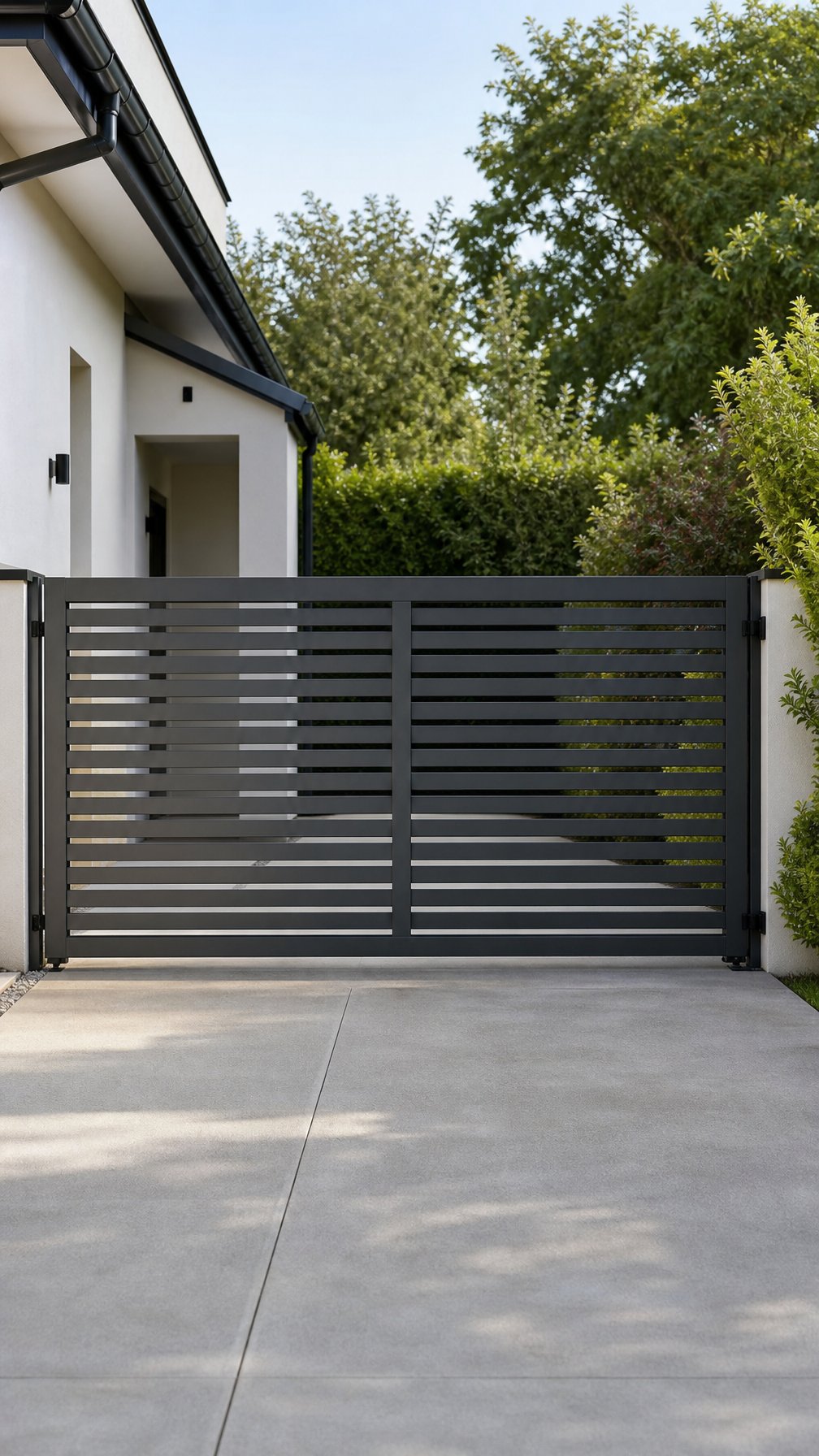 A modern aluminum slat fence gate in front of a residential driveway with greenery in the background.