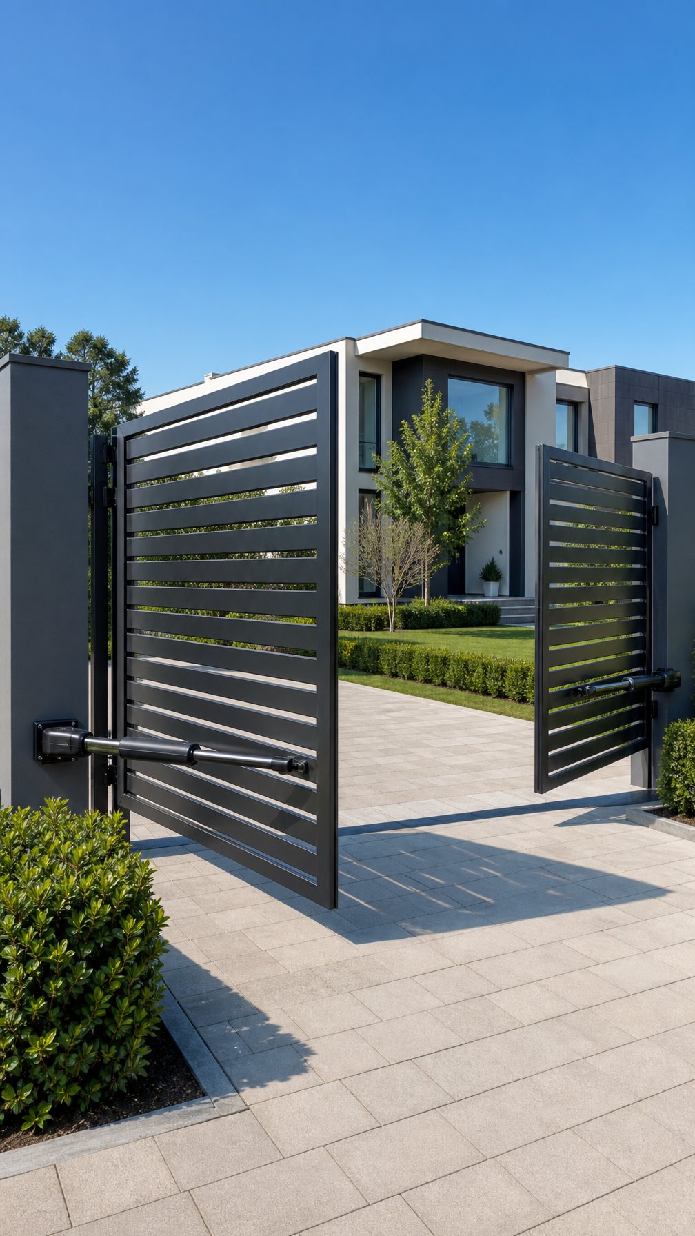 An automatic driveway swing gate partially open at the entrance of a modern house with a paved driveway and green landscaping.