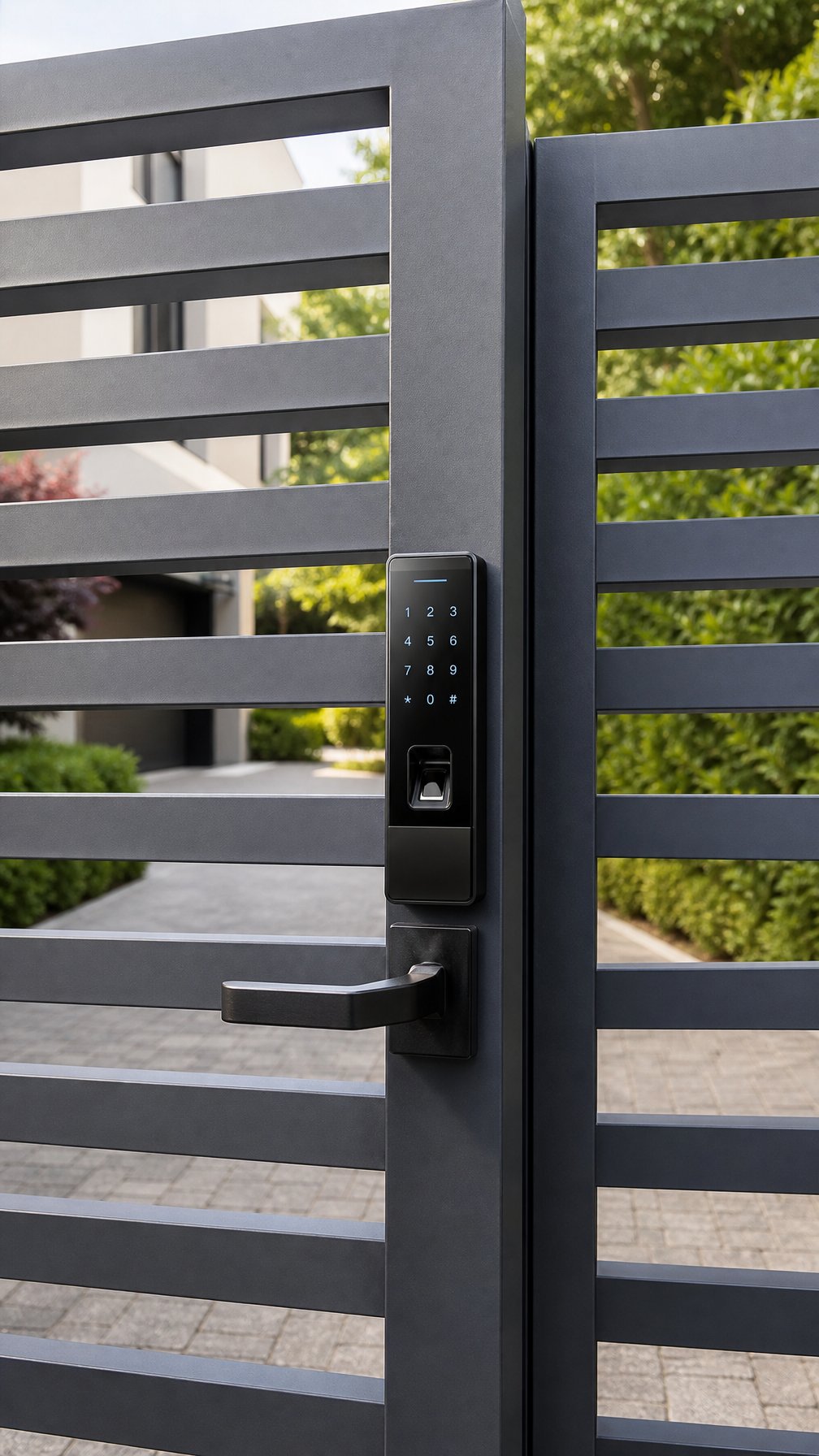 A steel fence gate with a digital smart lock system at the entrance of a residential property.
