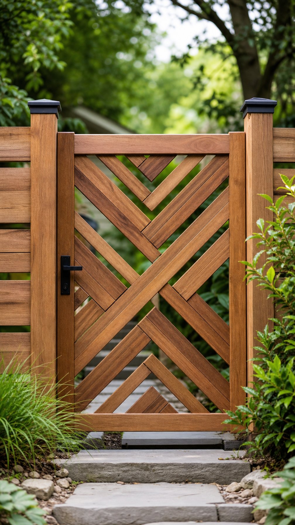 A wooden gate with geometric patterns set outdoors surrounded by greenery.