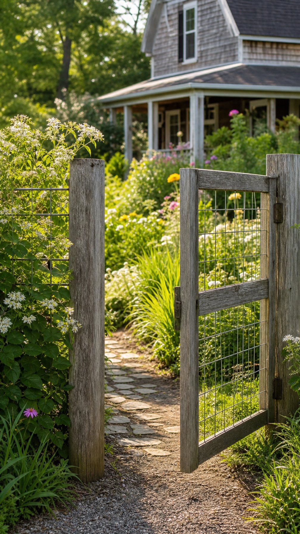 A wooden and wire mesh garden gate open on a path leading into a green garden with flowers and shrubs.