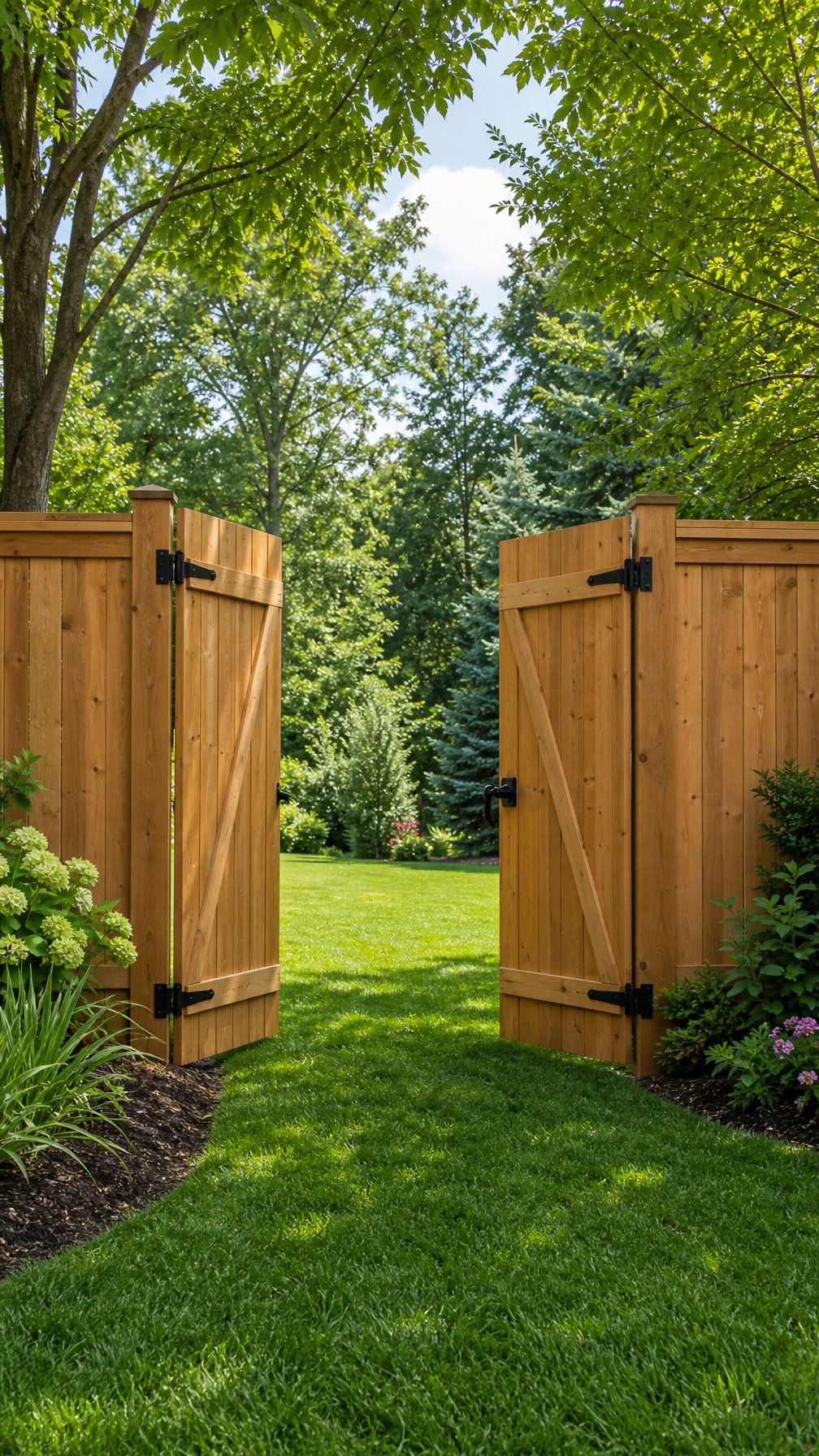 Wide backyard with a double wood privacy gate surrounded by green grass and plants.