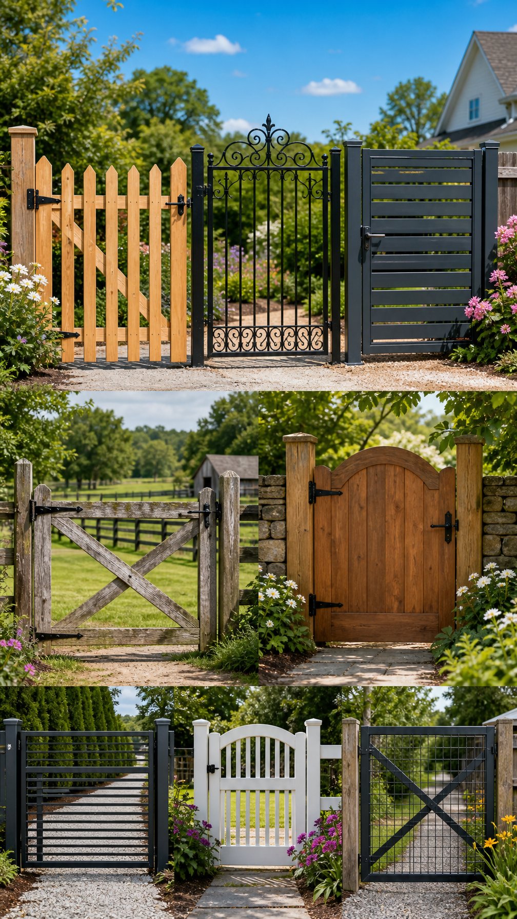 Various styles of fence gates displayed outdoors along a garden path with greenery and flowers.