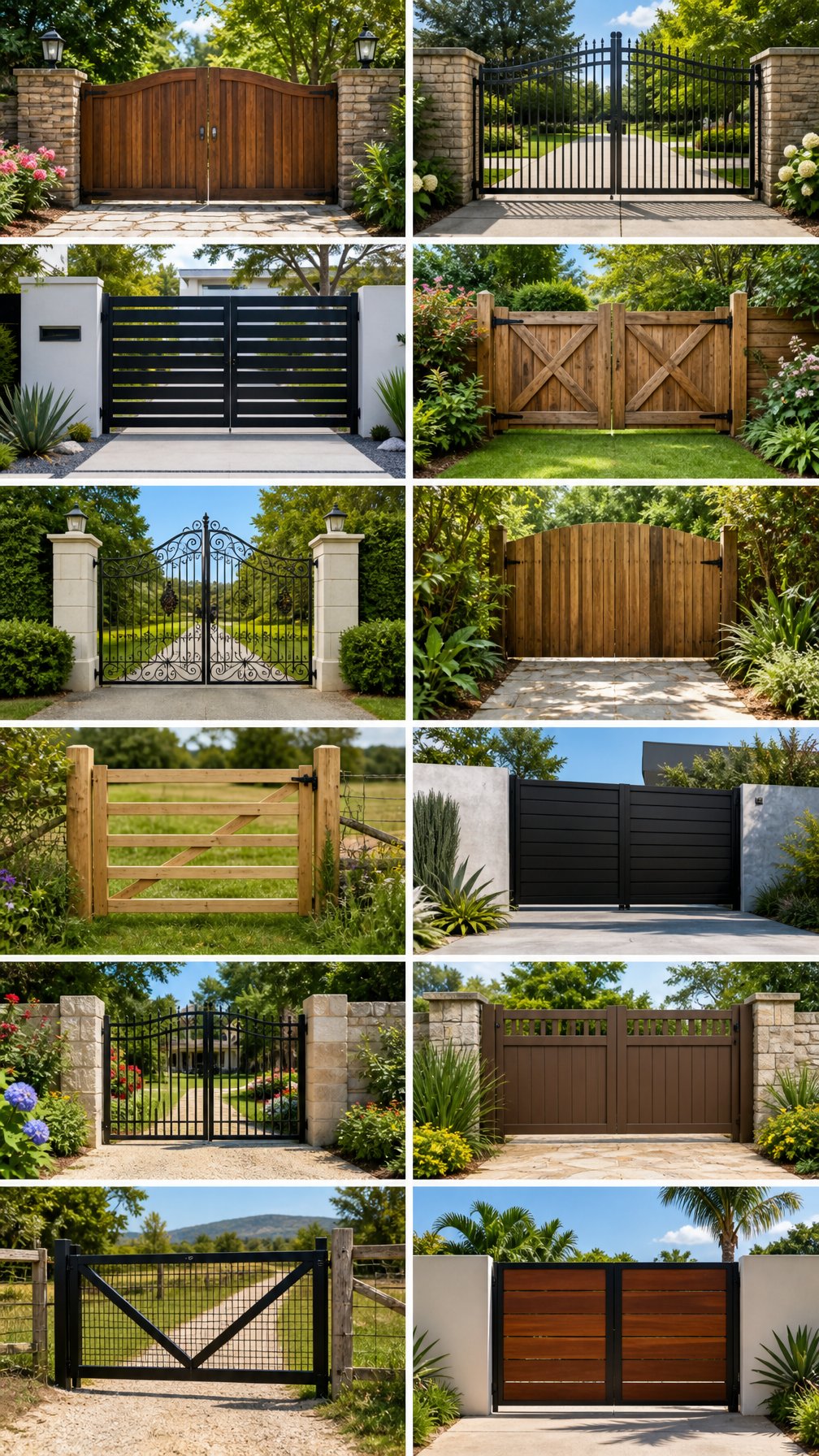 A variety of fence gates displayed in different outdoor yard settings including gardens, lawns, and rustic areas.