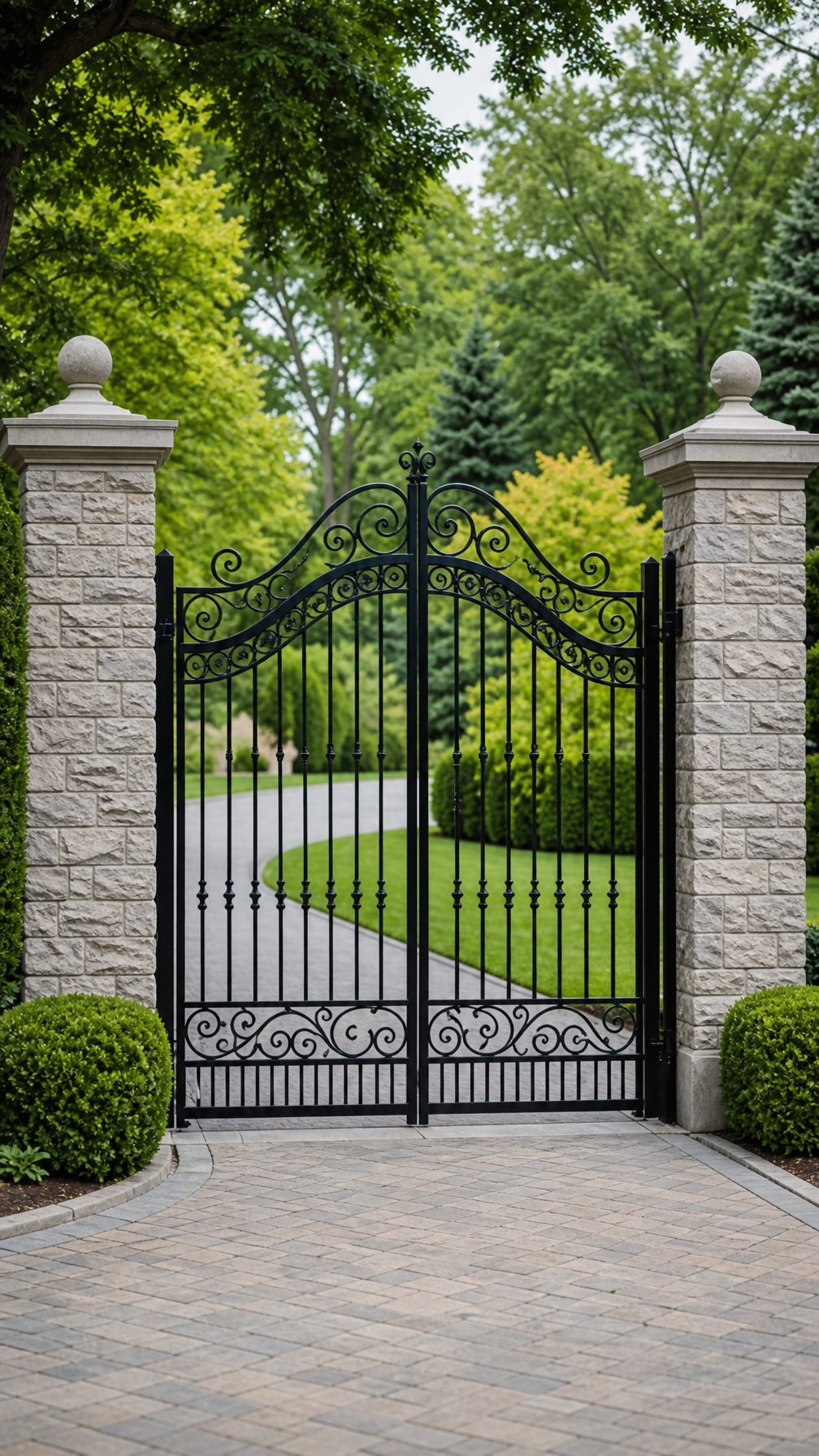 A black wrought iron driveway gate with stone pillars on either side at the entrance of a driveway surrounded by green landscaping.
