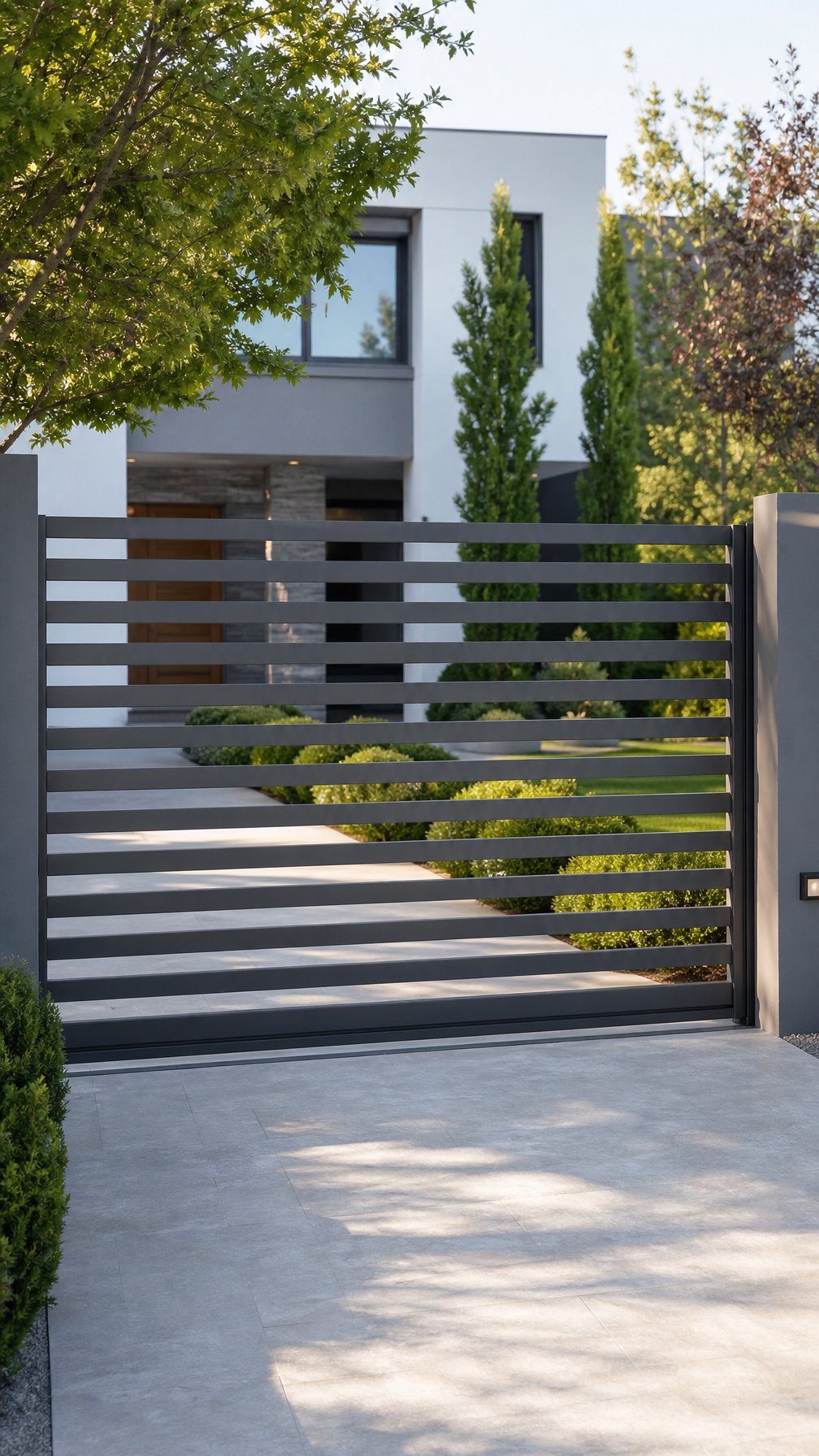 A driveway with a modern horizontal aluminum slat gate in front of a house surrounded by greenery.