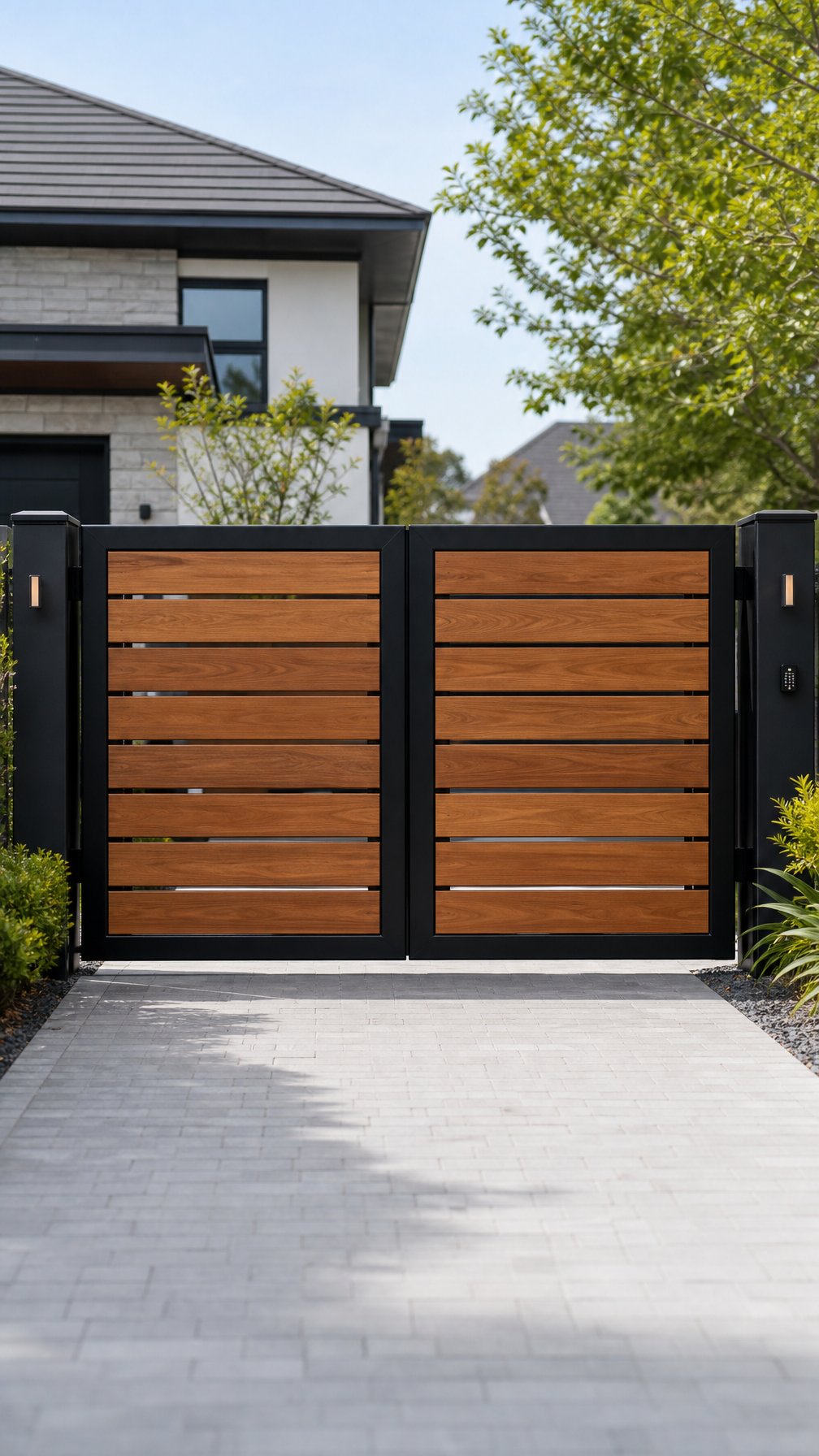 A driveway gate made of horizontal cedar wood slats framed by black steel, set in a residential driveway with greenery and a house in the background.
