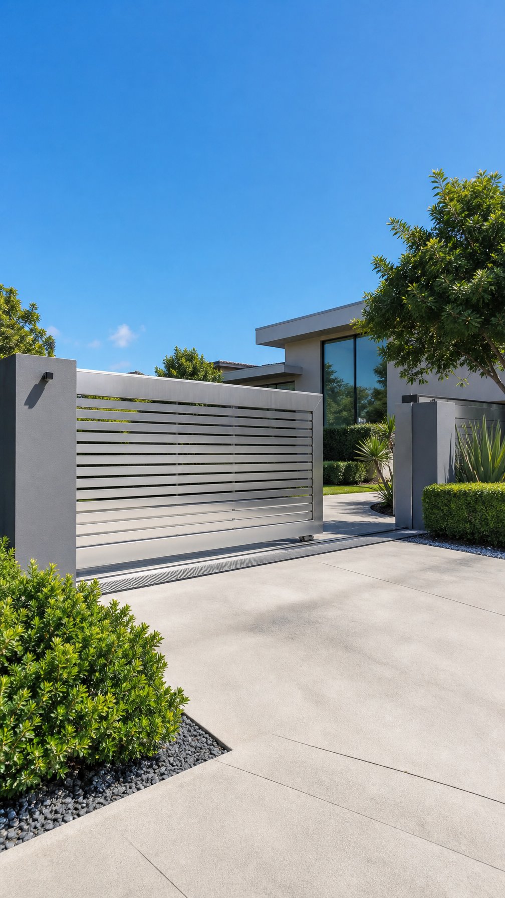 An automatic sliding aluminum driveway gate at the entrance of a modern house with landscaping and a clear sky.