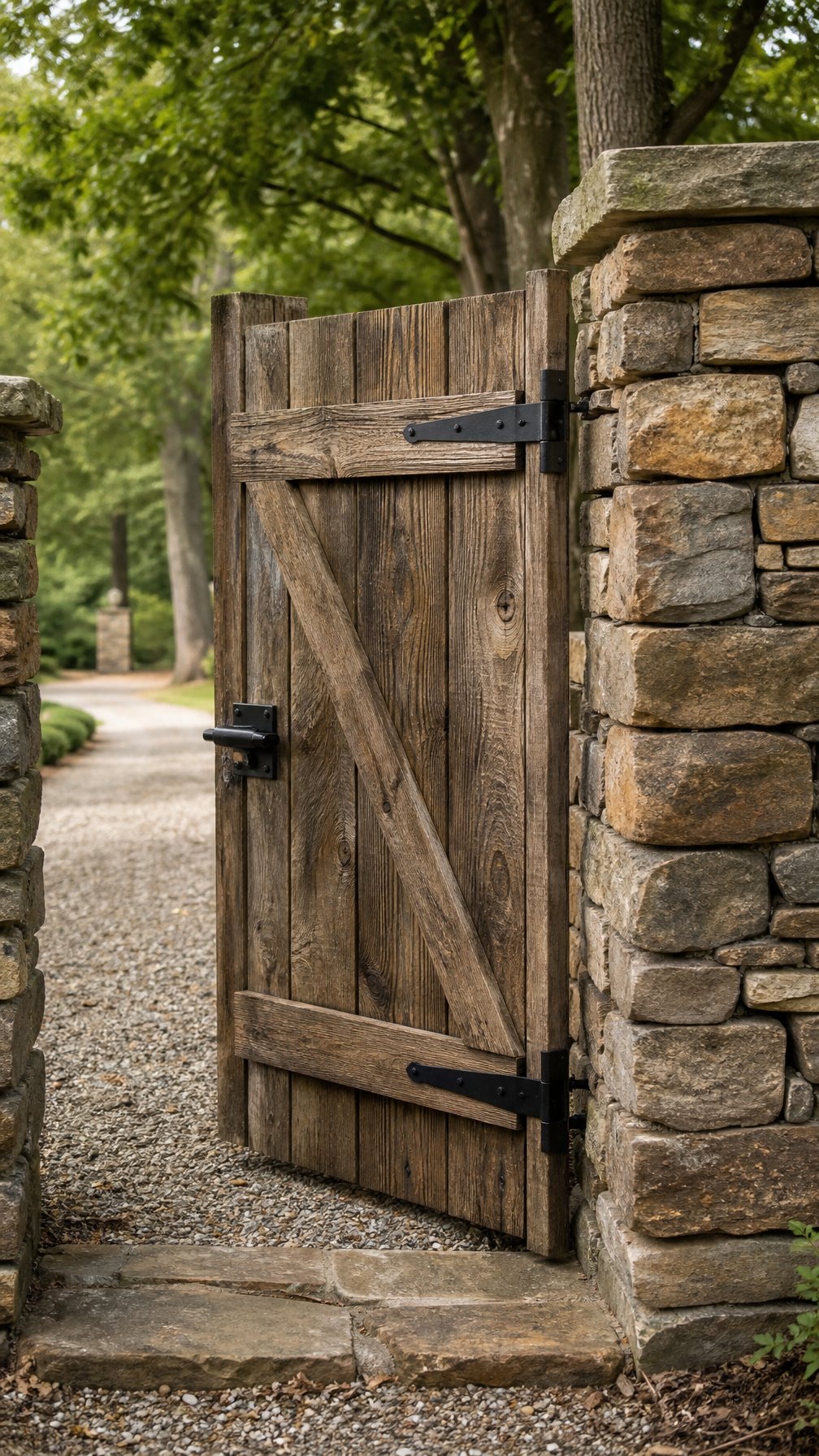 A rustic wooden gate set in a stone wall with a gravel driveway and trees in the background.