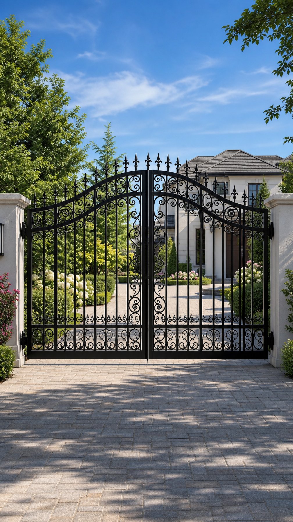 A double swing iron gate with an arched top at the entrance of a driveway, surrounded by greenery and a house in the background.