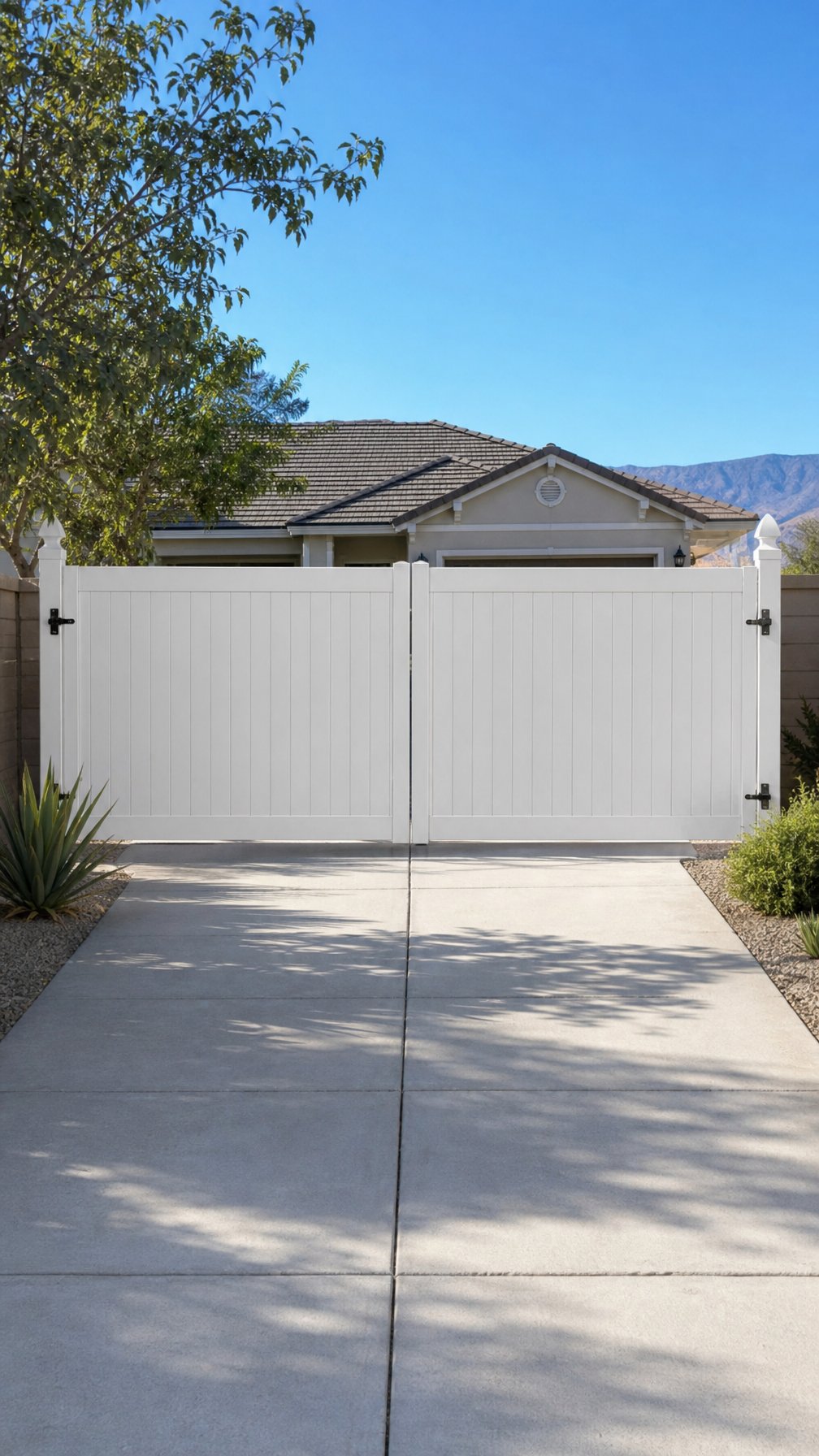 A vinyl driveway gate at the entrance of a low-maintenance yard with minimal landscaping and a suburban home in the background.