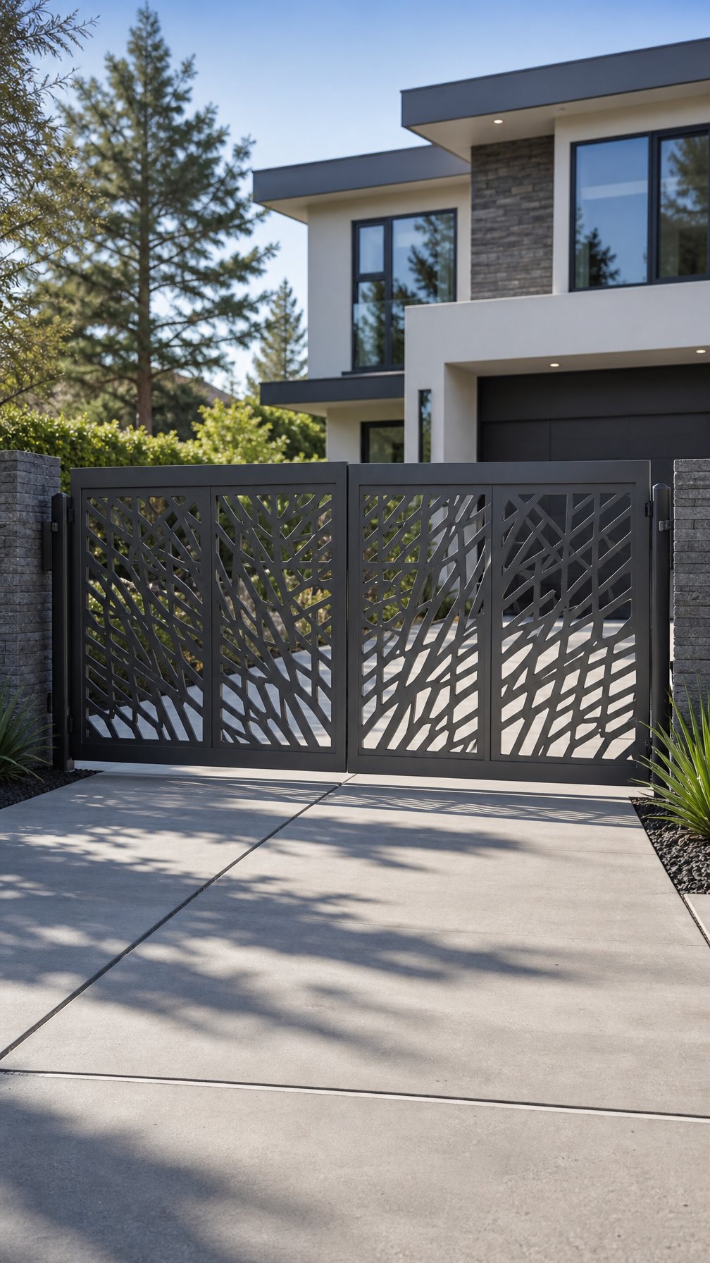 A modern steel driveway gate with decorative metal panels at the entrance of a residential driveway.