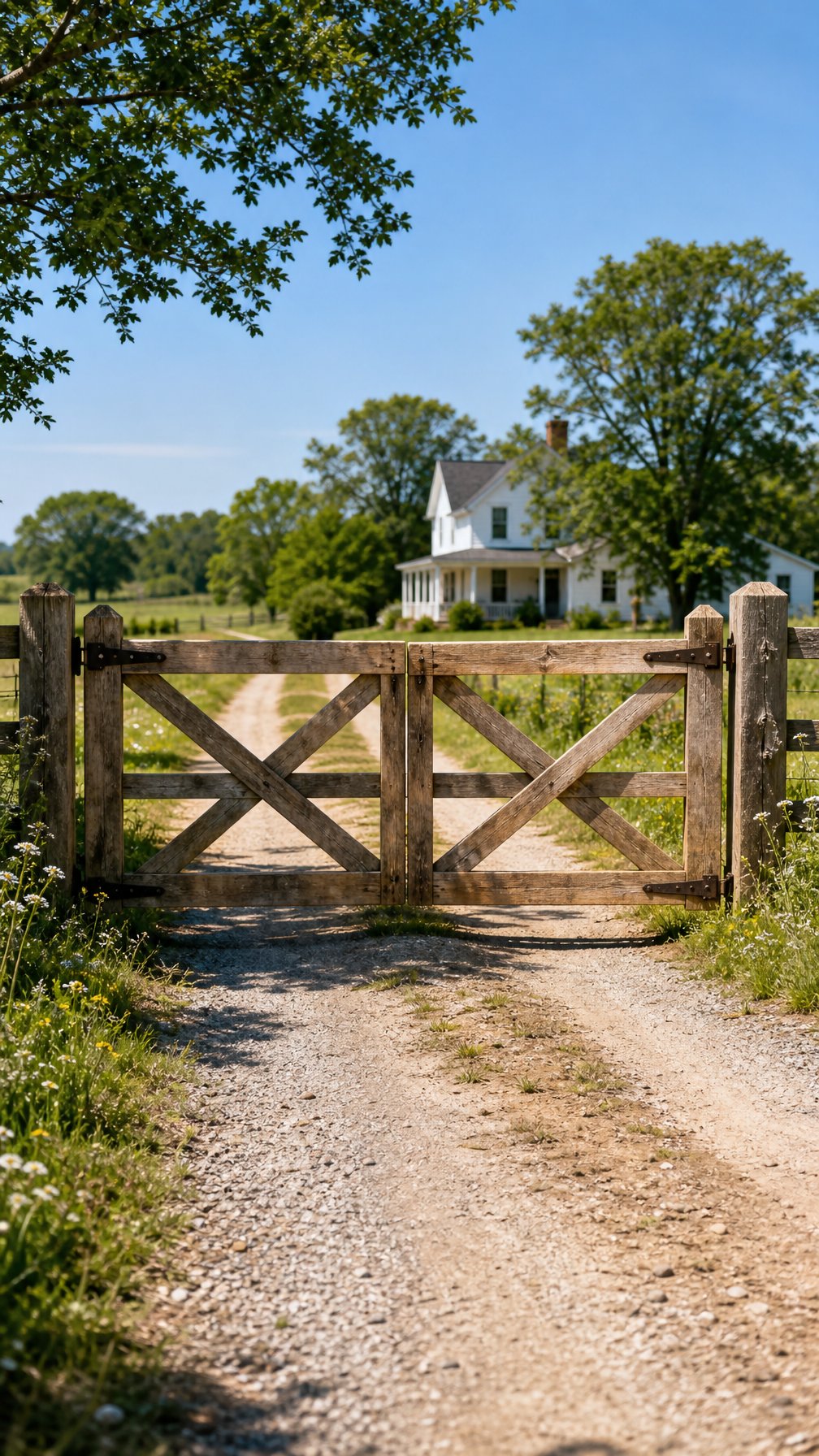 A wooden crossbuck driveway gate in front of a farmhouse with trees and a clear sky in the background.