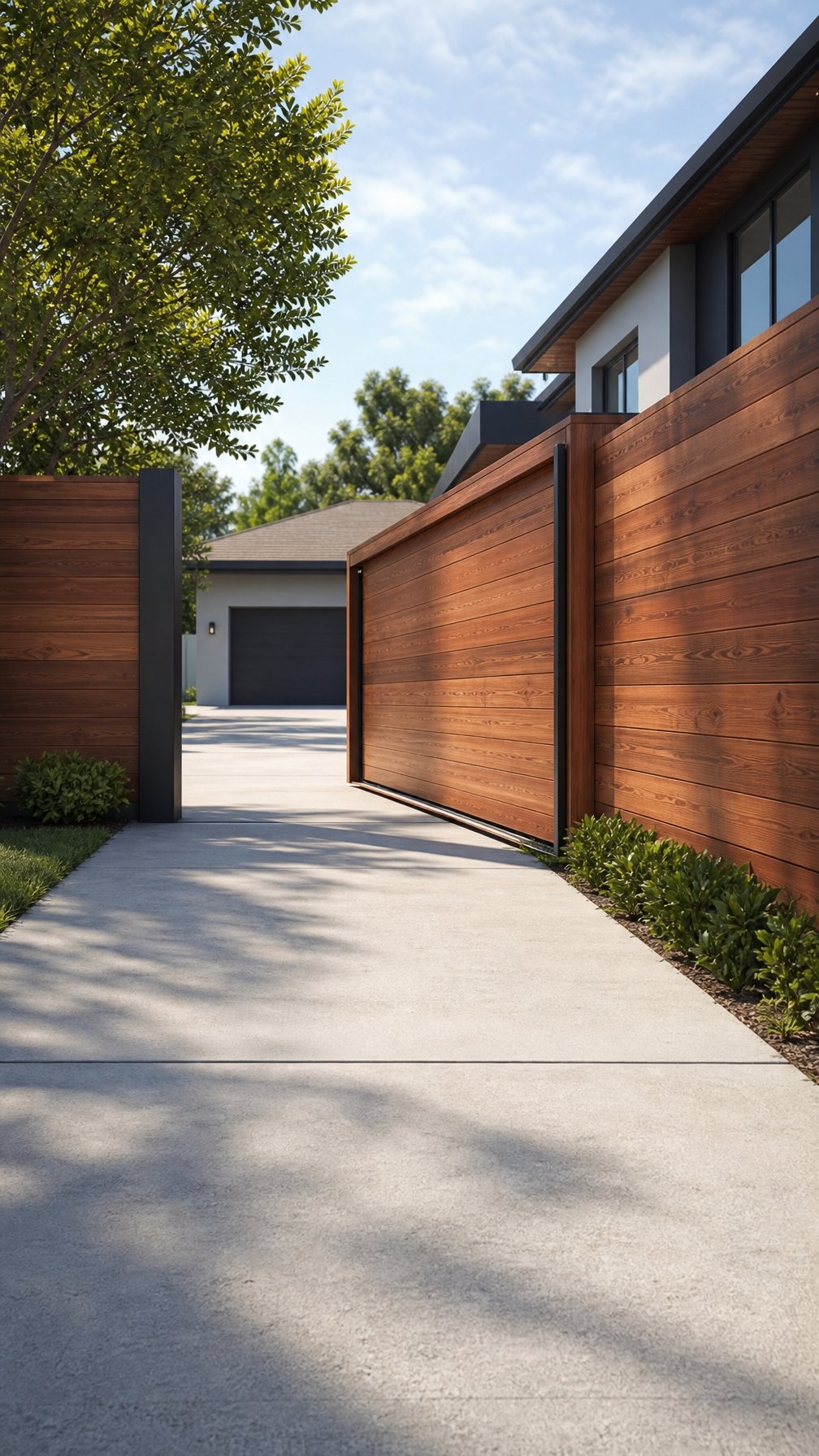 A driveway entrance with a modern wooden pocket gate integrated into a wood fence, surrounded by greenery and a clear sky.