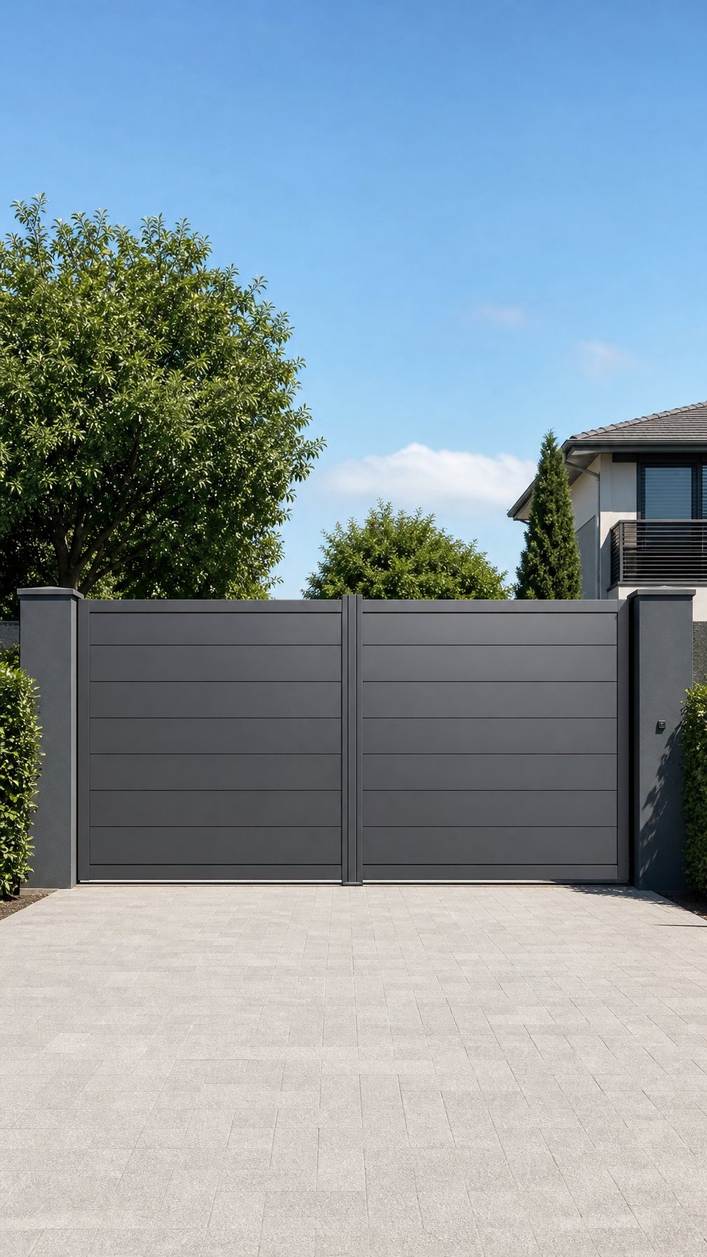 A closed matte gray metal driveway gate with a paved driveway and greenery in the background under a clear sky.