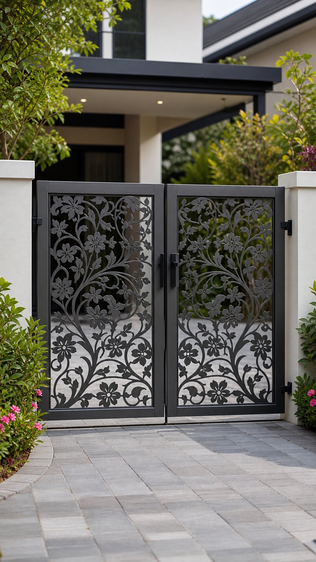 A decorative aluminum driveway gate with floral cut-out patterns at the entrance of a driveway surrounded by plants and a house in the background.